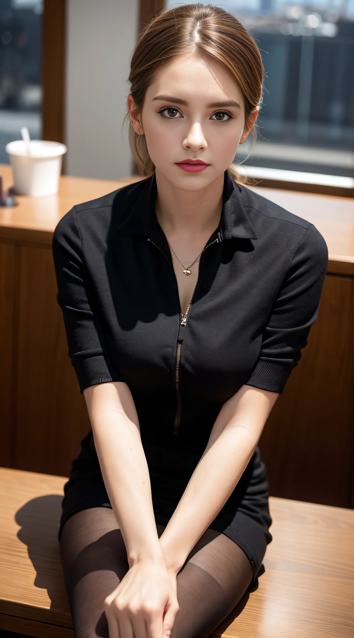 Delicate, masterpiece, beautiful details, colorful, exquisite details, delicate lips, intricate details, (big breasts), with cool black sunglasses, 1 woman, (a beautiful 20-year-old cute Korean woman: 1.1), (kpop idol, Korean mixed), (50mm Sigma f/1.4 ZEISS lens, F1.4, 1/800s, ISO 100, photograpy: 1.1), (photorealistic:1.4), (SPY:1.2), (Open Jacket,Shirt, Skirt,(Black Pantyhose),Christian Louboutin\(Brand\),:1.3), Earrings, Necklaces, Armbands, (Tavern, Bar:1.2), (Beautiful Legs, High Girl, Skinny, slim_legs, thigh_gap, Model:1.2), Lens flare, from the front, (cool expressions), dynamic poses, (makeup: 1.2), (sitting in a wide office boss chair))