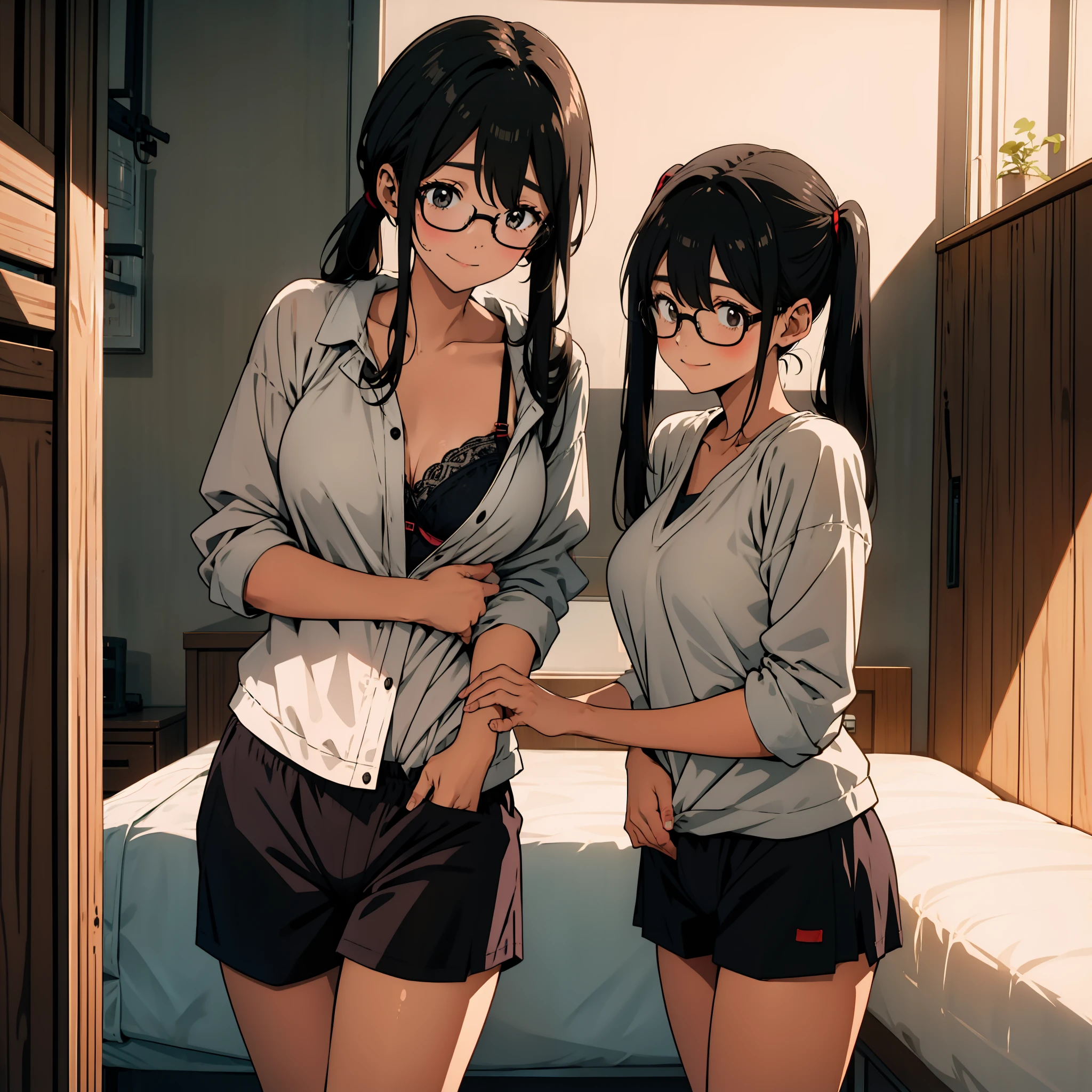 In underwear, 1 girl, no jacket, cute bra, falling on the bed, showing off crotch, hands on the crotch, clear liquid leaking from the crotch, cute underwear, long bangs, dimly lit warehouse, smiling girl, 16 years old, big breasts, black hair pigtails, snappy, black hair, brooding, glasses, chubby,, red cheeks, ecstasy,