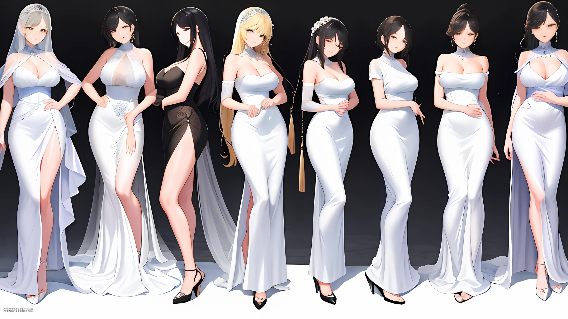 Nine very beautiful and moving women, the appearance is like white jade, the skin is fair, a pair of bright and godly big eyes with distinct features, smooth facial lines, hair draped over the shoulders, black hair, looks very neat and soft, slender and well-proportioned, graceful curves, graceful posture, exuding a charming atmosphere, masterpiece, best quality, high detail, high quality, 8k smooth, high resolution