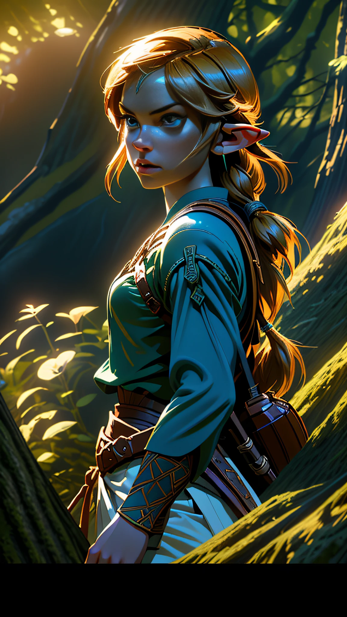 Link, Game Zelda BOTW Digital Art (Best Lighting, Best Shadows, Extremely Delicate and Beautiful),, Dynamic Lighting, (Dramatic Pose), (Volumetric Light), (Forest in the Background). Link, Game Zelda BOTW Digital Art