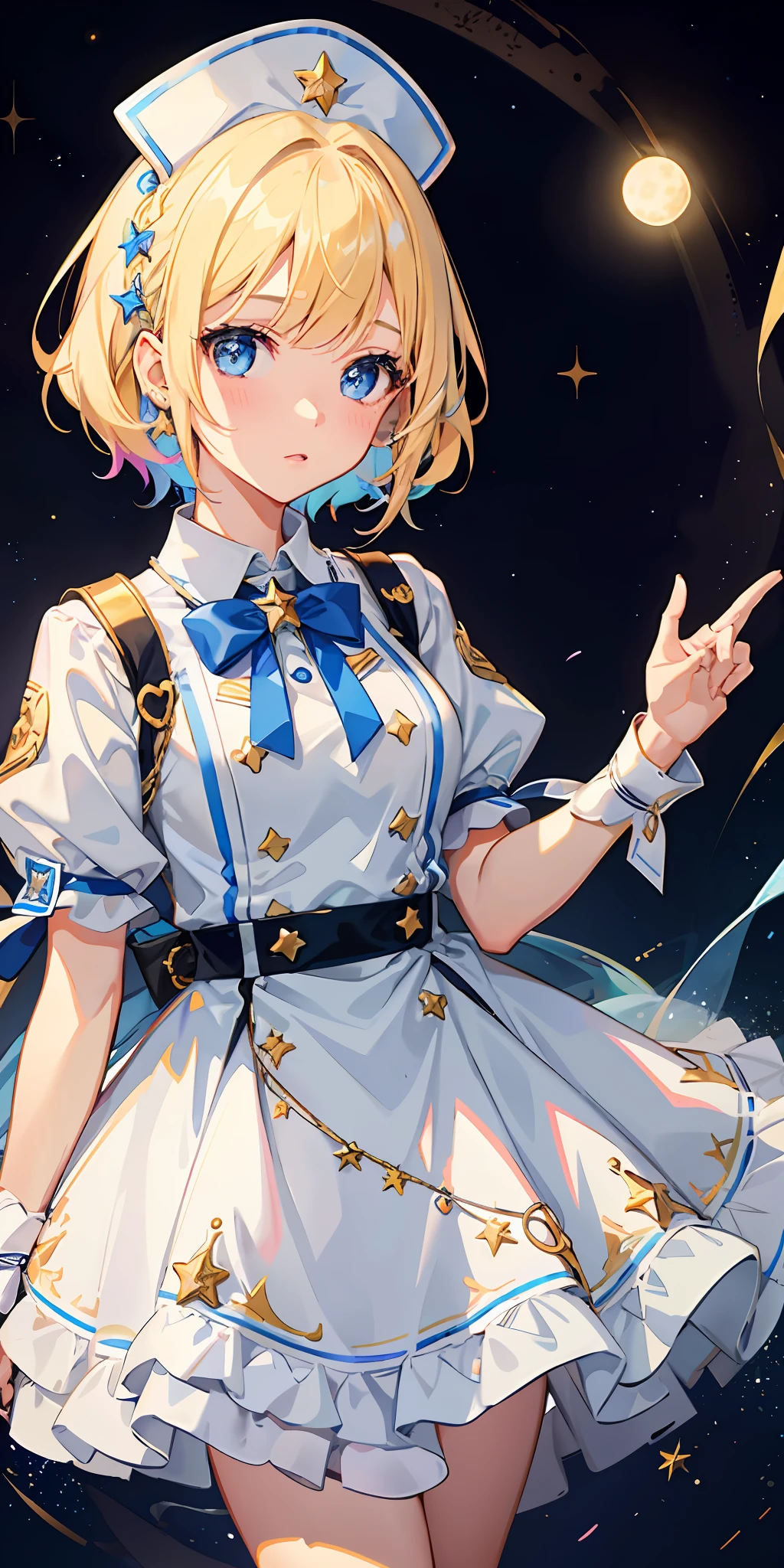 1girl, bright, blonde, light blue eyes, heart motif, star, moon, short hair, uniform bangs, multicolored hair, princess, saleme, side lights, light particles, wallpaper, big,, idol, idol costume, cute costume, fabulous outfit, dress, nurse clothes, loose, fluffy, gentle, clear, loli, sexy