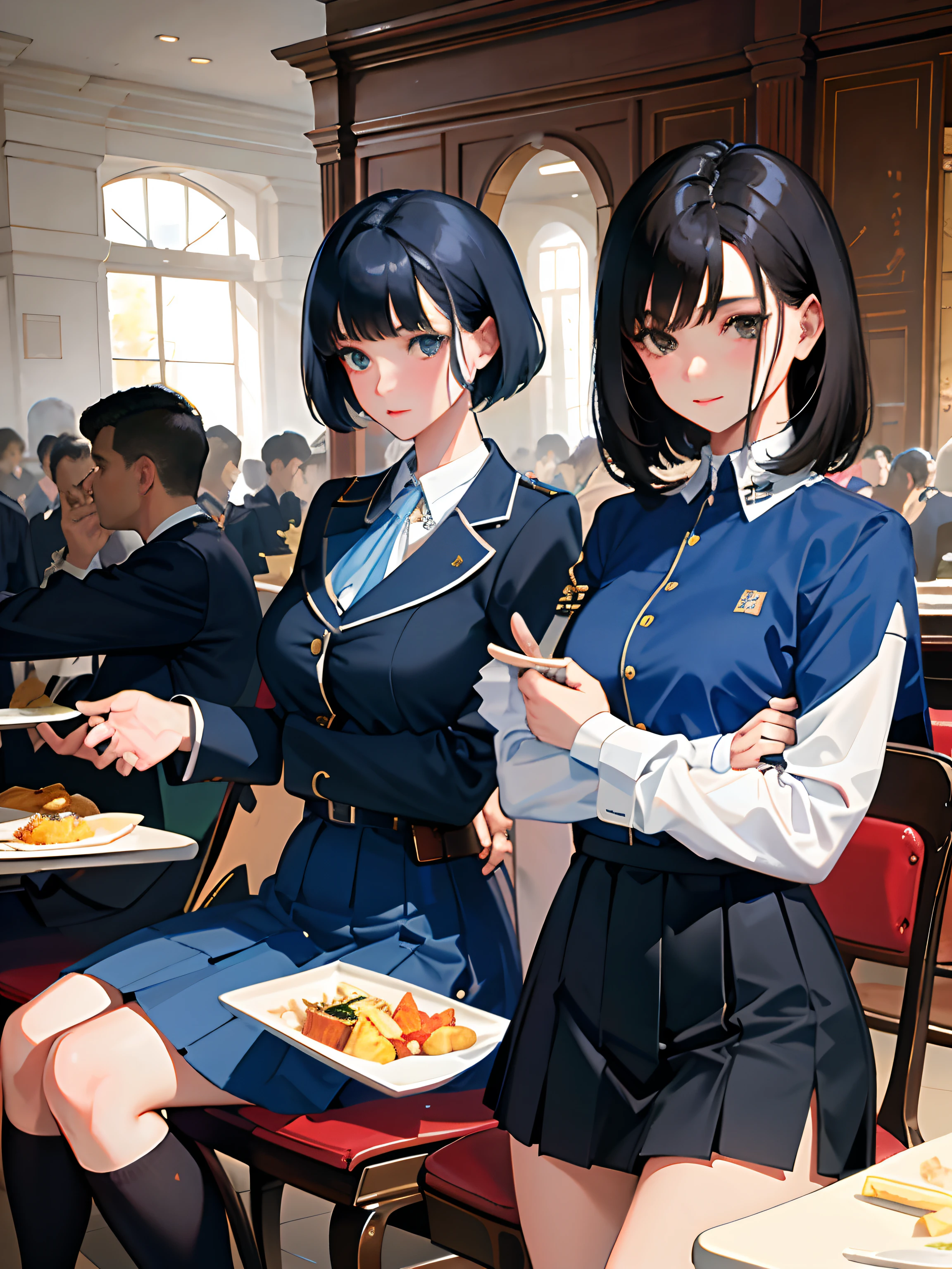 (highest resolution, distinct_image), best quality, masterpiece, highly detailed, semi realistic, a woman with short black hair, mature woman, triple bangs, blue uniform, blue pleated skirt, military uniform, main perspective, military academy, cafeteria, dining, lunch, with classmates, multiple background, crowd background, etc,