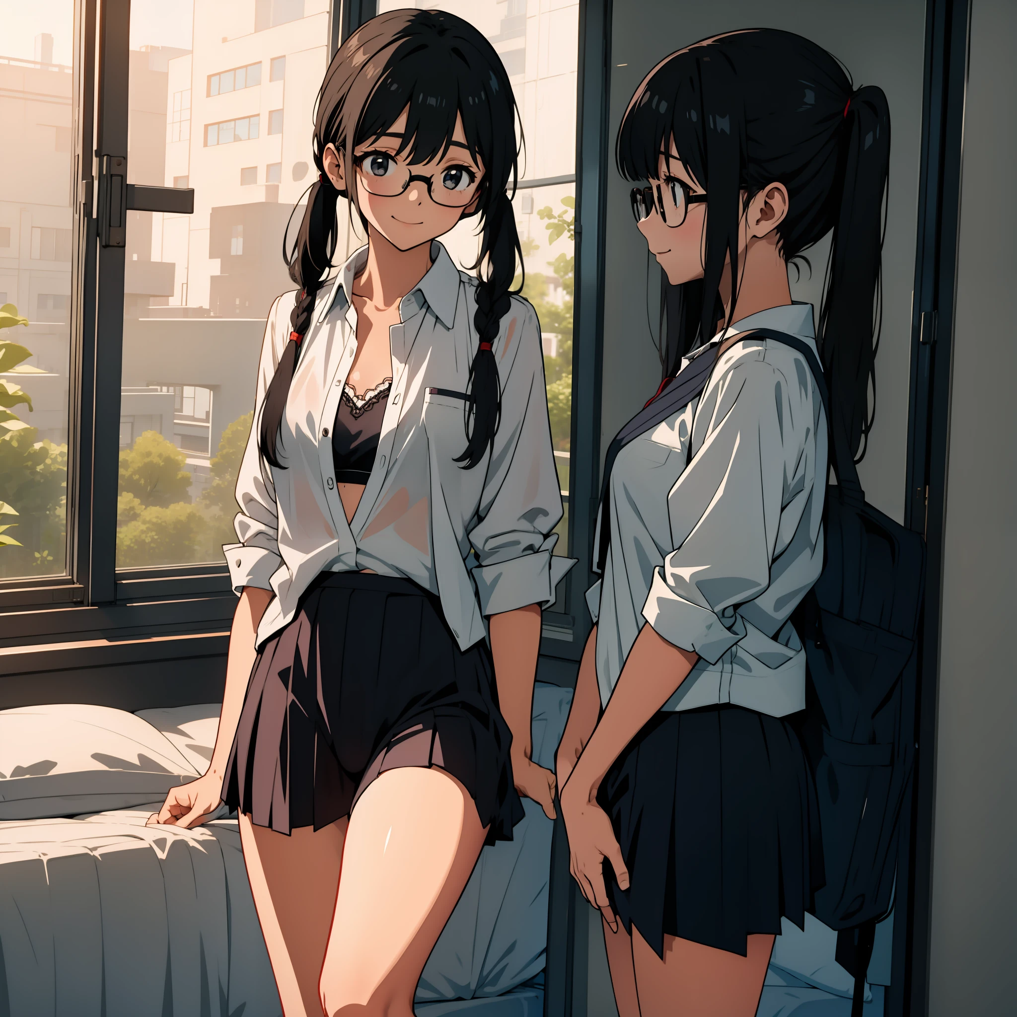 School uniform, wet and underwear see-through, underwear, no jacket, cute bra, falling on bed, showing off crotch, hands on crotch, clear liquid leaking from crotch, cute underwear, long bangs, dimly lit warehouse, smiling girl, 16 years old, big breasts, black hair pigtails, patsun, black hair, brooding, glasses, chubby,, red cheeks,