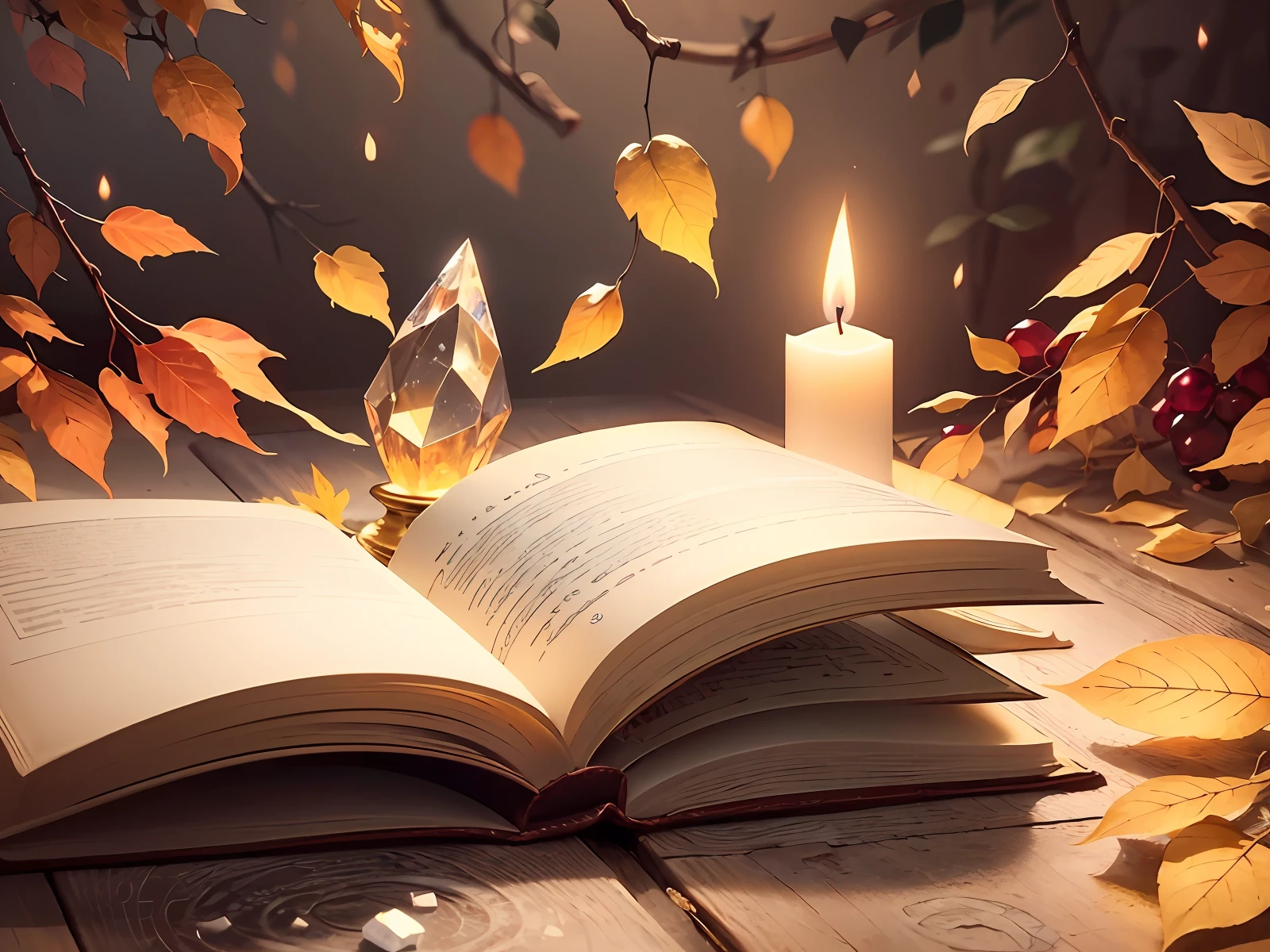 Create an image of a white candle lit on an open book, surrounded by crystals and dry leaves. Use warm colors and soft lighting to create a cozy and inviting atmosphere. The book should have some text related to the spiritual traditions mentioned in the description. The crystals should be of different shapes and colors, and the leaves should be brown or yellow. --auto --s2