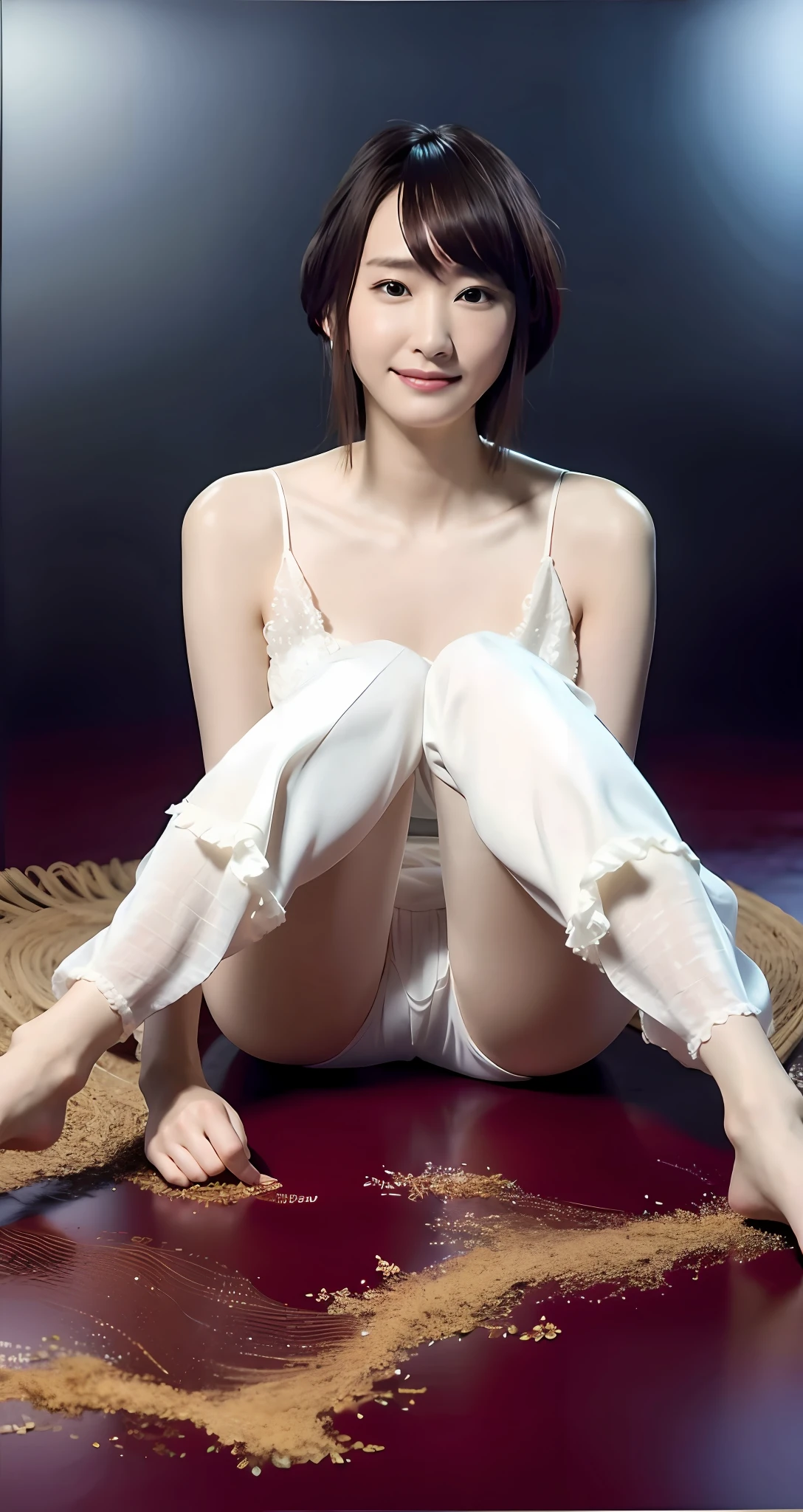 araffe woman sitting on the pool with her legs crossed, long thin legs, white silky and transparent outfit, gorgeous chinese model, very beautiful long slim legs, full body xianxia, very beautiful slim legs, pale milky white porcelain skin, wearing white pajamas, beautiful asian woman sitting, japanese model, beautiful slim legs, photo of slim girl model, big smile, wet