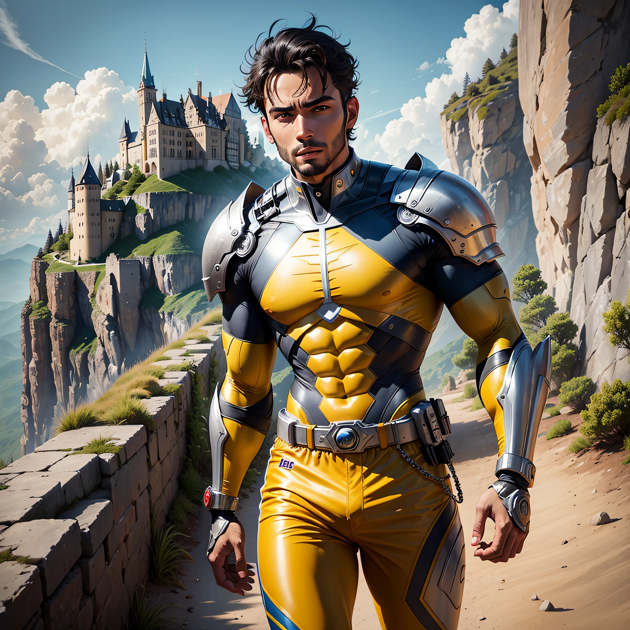 Miguel handsome man, made of metal, (cyborg:1.1), in yellow shirt and blue running shorts standing on a hill, tjalf sparnaay 8 k, Miguel - ange 8 k, very happy!, Craig mullins 8 k, with a luxembourg castle in the background, film footage, centered, Guillaume Tholly, Ludovic Plouffe, David A, very happy, album photo,  Cedric Peyranavernay --auto --s2