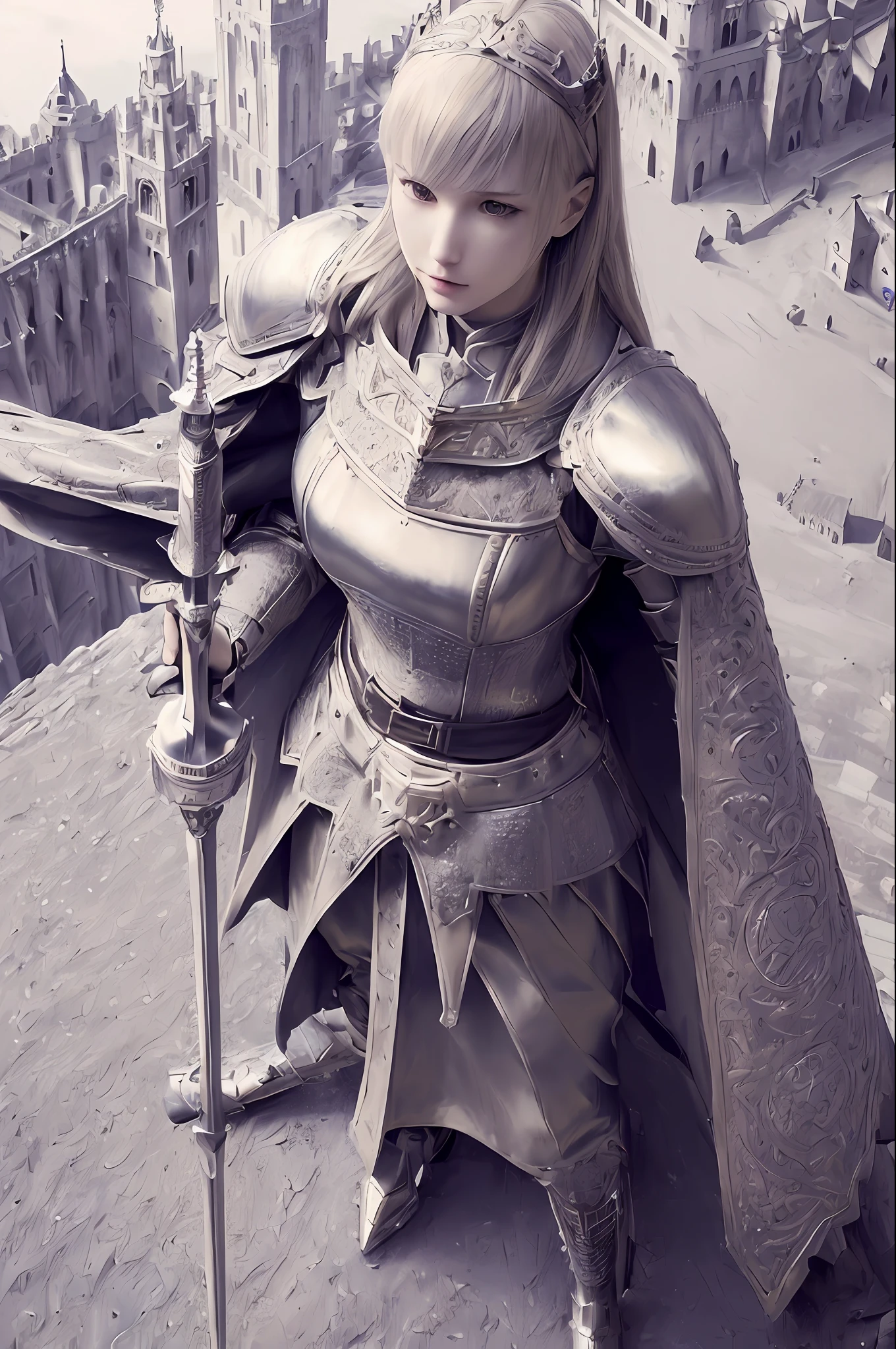 realistic, realistic details, detailed, (((1girl, slender, female knight, detailed armor, intricate details, cape, holding staff, aerial perspective, from above, standing on top of tower overlooking medieval city scape, extremely detailed architecture, perspective, sharp focus, depth of field, detailed background)))