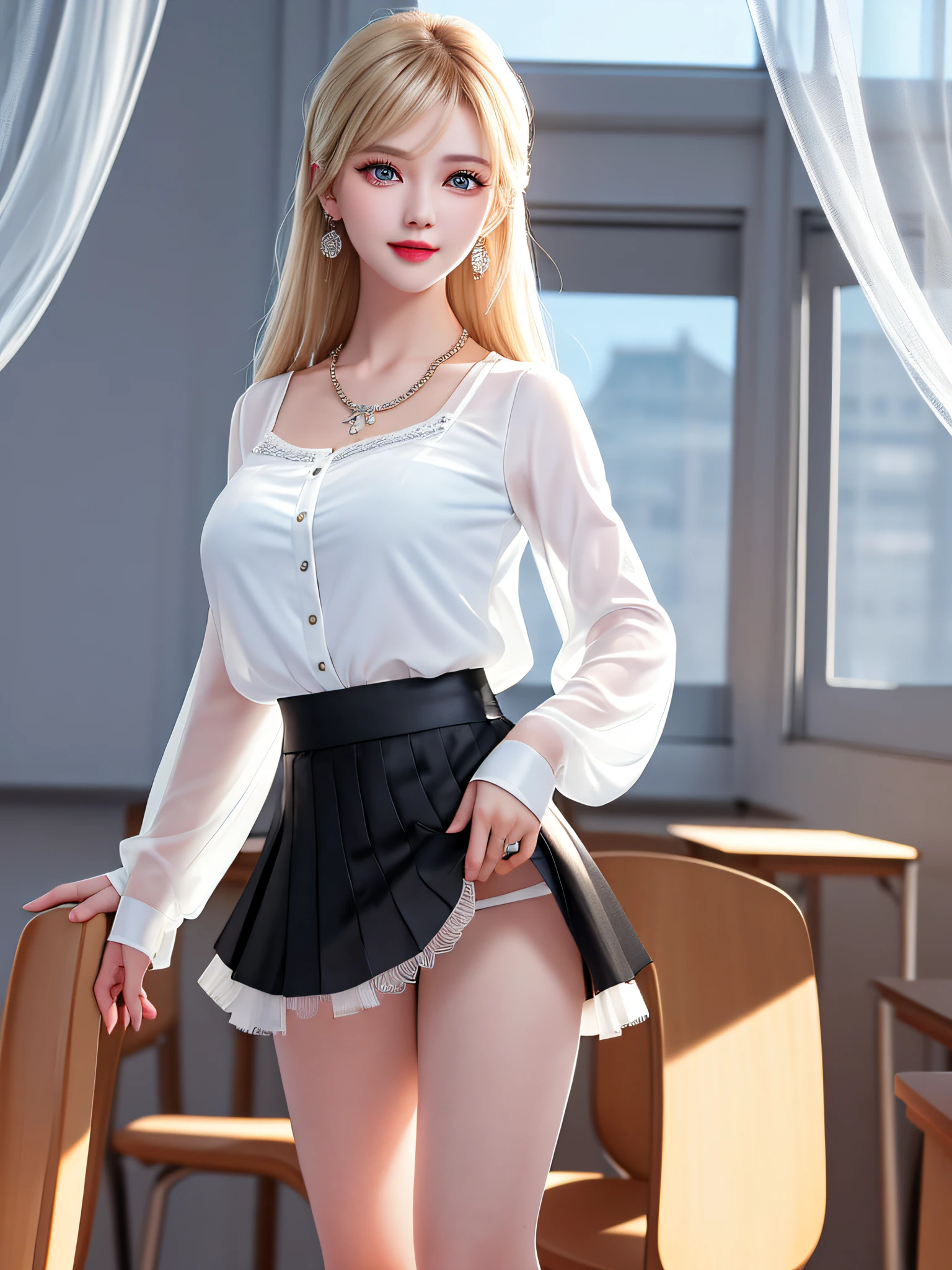 ((Open legs on classroom chair)), Female Teacher v6, Necklace, Earrings, Full Body V6, Long Gray Hair, Translucent Clothes, Look, Superb Quality, Ultra High Definition, RAW Photography, Realism 1.25), (Bright Lip Gloss, Long Eyelashes, Smooth) Face, Bright Skin, Natural Shadows, Wide Light, Wide Light, Depth of Field, Strong Colors, Subtle Caustics: 0.8), Smile, (Big), v6, There are windows showing various buildings in the city (absurdity, high resolution, super detail), smile, (big), v6 ((Adriaan Honig))) girl with blonde hair and blue eyes, beautiful, thin ((white sheer blouse front opening, black silk underwear, underwear bite, sexy pose, back figure, gaze is window side, ((white sheer blouse, black mini flared skirt))