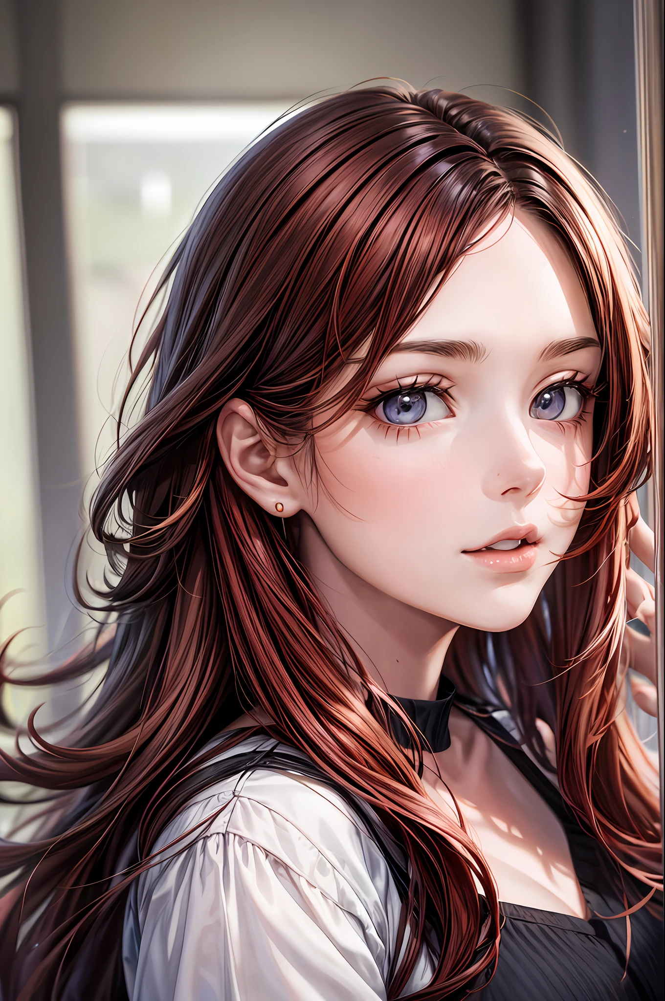 portrait of a 22 year old young woman, brunette, tousled red hair