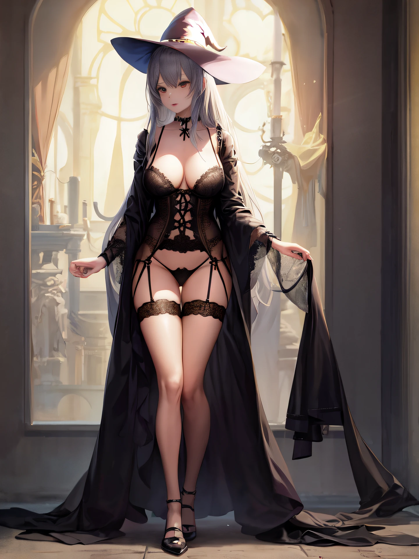 best quality, anime, 1 girl, witch, full body, breasts out,slim, long legs, lingerie, perfect lighting, highly detailed background,