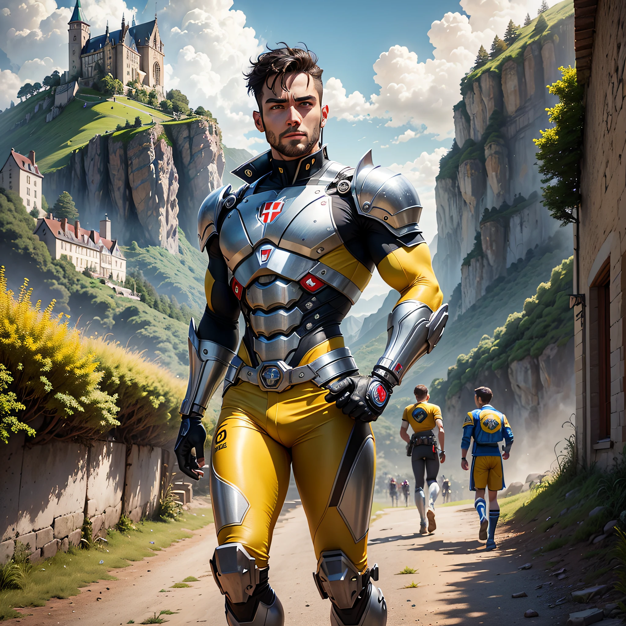 Miguel handsome man, made of metal, (cyborg:1.1), in yellow shirt and blue running shorts standing on a hill, tjalf sparnaay 8 k, Miguel - ange 8 k, very happy!, Craig mullins 8 k, with a luxembourg castle in the background, film footage, centered, Guillaume Tholly, Ludovic Plouffe, David A, very happy, album photo,  Cedric Peyranavernay --auto --s2