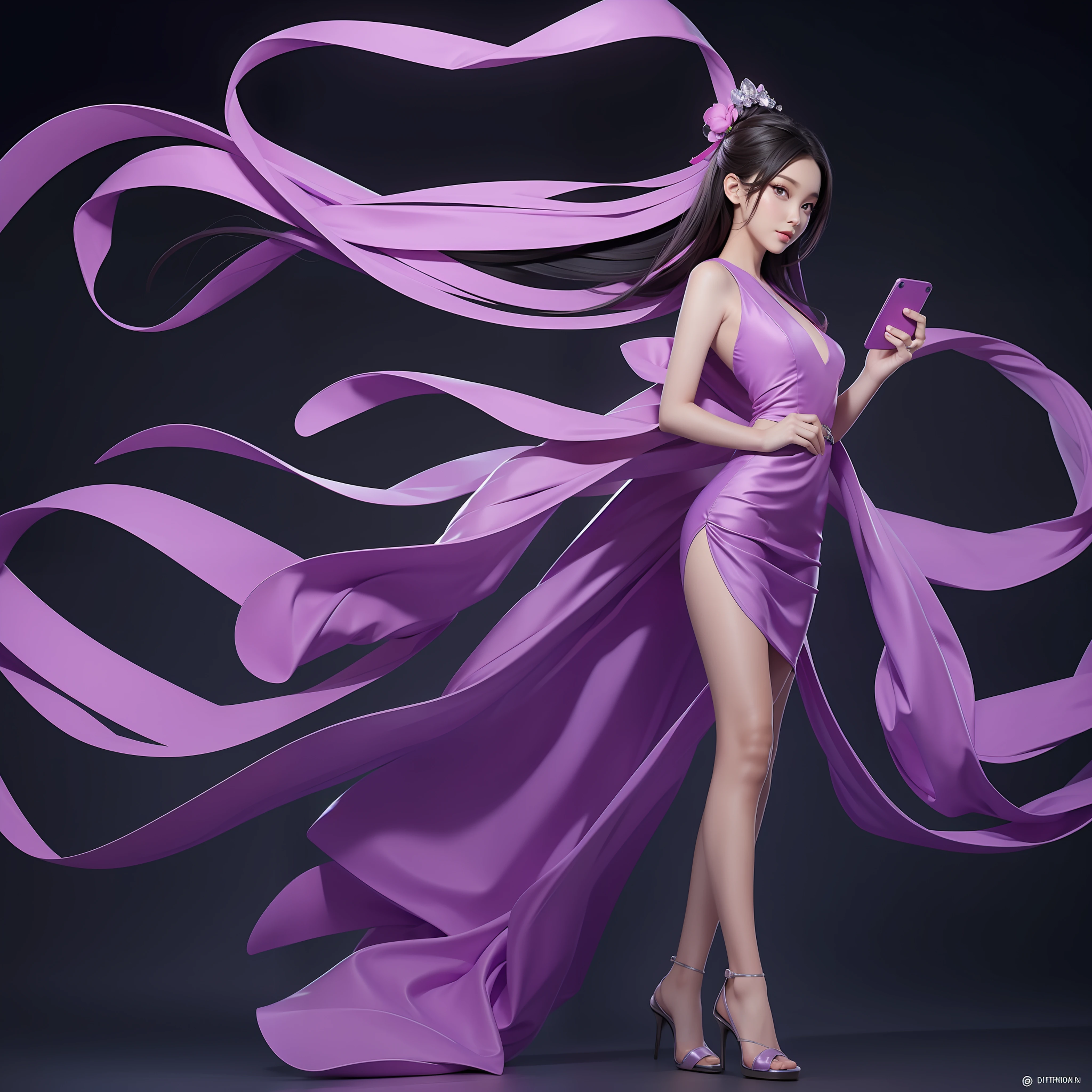 a woman in a purple dress holding a cell phone, android body, li bingbing, beautiful android woman, android mystic, duy beni serial, dilraba dilmurat, hourglass slim body, beautiful female android, she is holding a smartphone, sony nicon iphone 1 3 pro max, promotional still wide angle, promotional photoshoot, perfect android girl, detailed, realistic, photo shoot, high resolution ,full body shot , lighting, mobile showroom background,