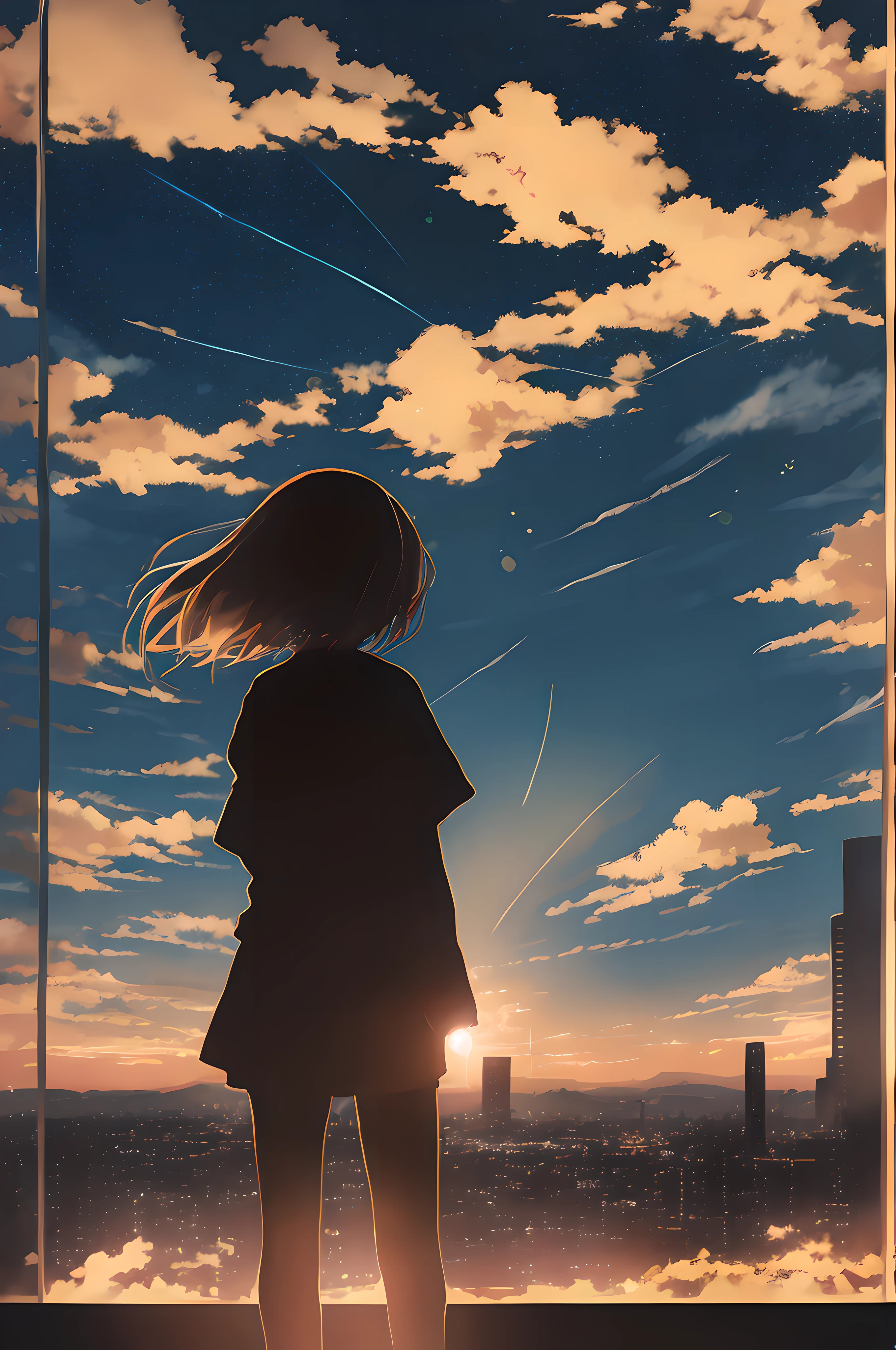 anime,silhouette,1girl, star (sky), cloud, cityscape, building, city, outdoors, skyscraper, city lights, night, night sky, sunset, skyline