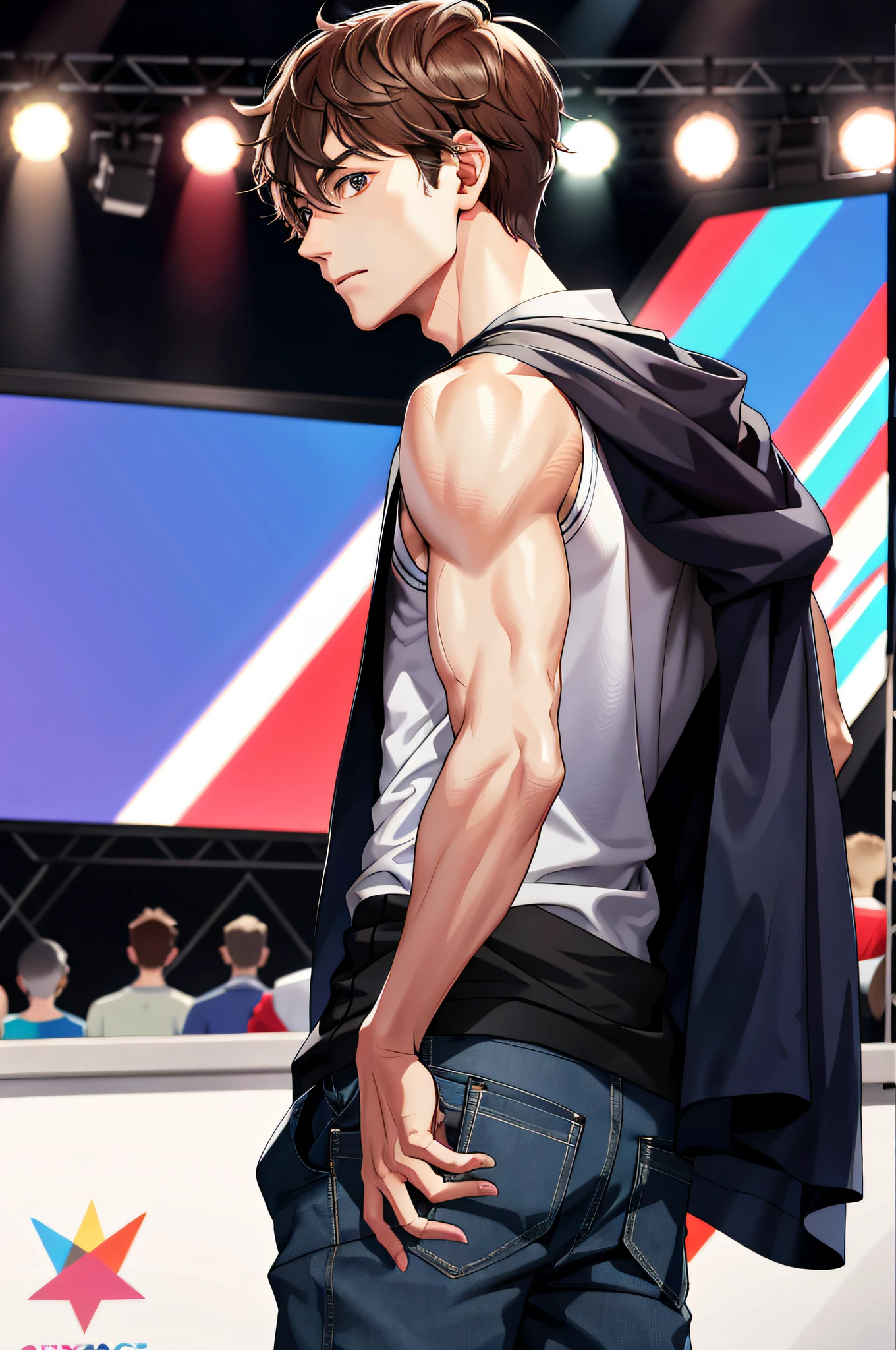 Best quality, (1 boy: 1), solo, from the side, loose clothes, looking at the audience,