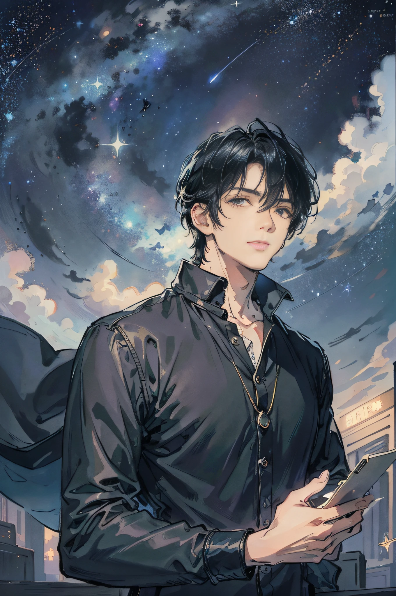 High image quality Best image quality Detailed depiction Cool composition Stunning design Modern The night sky is full of stars, and the man's eyes shine beautifully, reflecting the light of the stars. A faint smile appears on the man's lips
