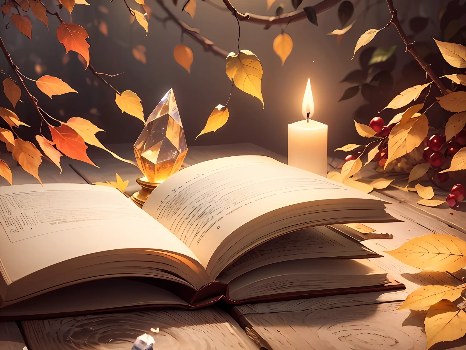 Create an image of a white candle lit on an open book, surrounded by crystals and dry leaves. Use warm colors and soft lighting to create a cozy and inviting atmosphere. The book should have some text related to the spiritual traditions mentioned in the description. The crystals should be of different shapes and colors, and the leaves should be brown or yellow. --auto --s2
