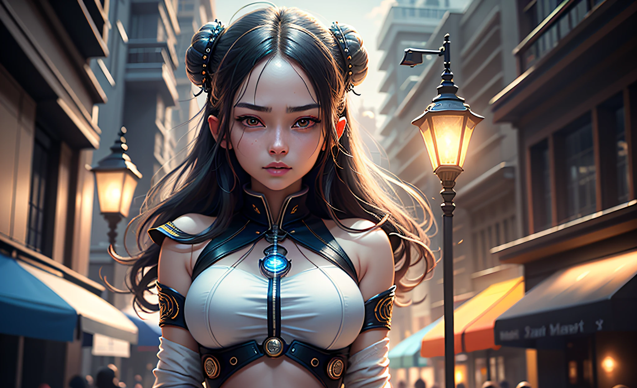 A beautiful girl wearing sailor suit on the bustling streets of Gintama, surrounded by vendors, beautiful portrait of a stunning goddess girl, beautiful detailed face, porcelain skin,(princess eyes,round pupils,shiny pupils,blue pupils:1.3,night,navel:1.1,street lamps,neons,strong neon lighting), (half body shot), centered, ultra soft lighting, symmetry, intricate, elegant, highly detailed, photorealistic, artstation, concept art, smooth, as imagined by greg rutkowski, 4k textures, soft cinematic light, adobe lightroom, photolab, hdr, intricate, highly detailed, ray traced, photorealistic, fine details, subsurface scattering, key light, backlight, sharp focus, soothing tones, low contrast, exposure blend