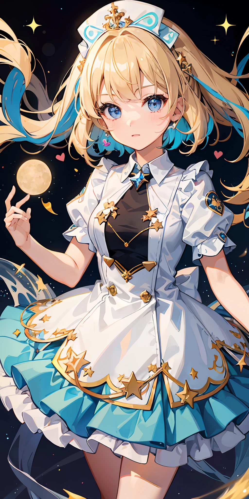 1girl, bright, blonde, light blue eyes, heart motif, star, moon, short hair, uniform bangs, multicolored hair, princess, saleme, side lights, light particles, wallpaper, big,, idol, idol costume, cute costume, fabulous outfit, dress, nurse clothes, loose, fluffy, gentle, clear, loli, sexy