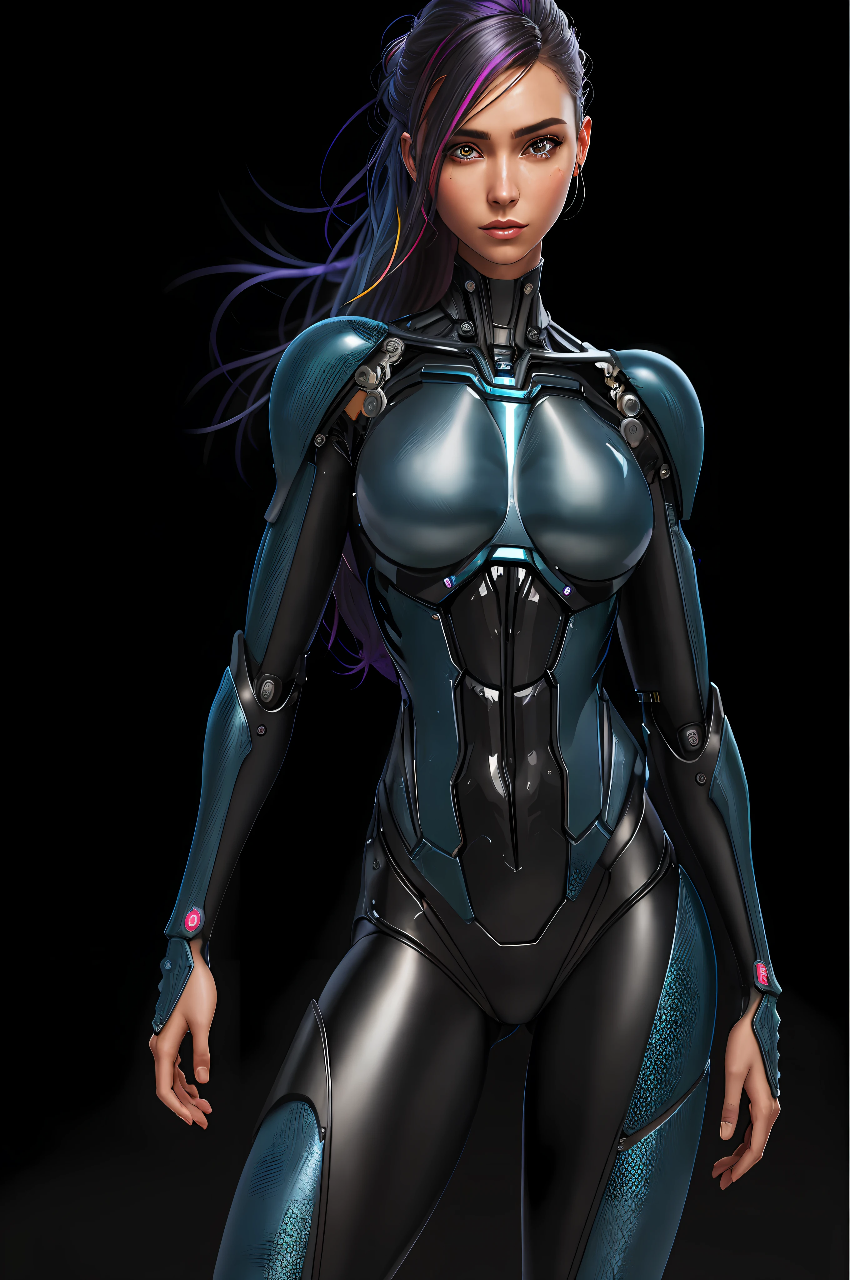 a close up of a woman in a futuristic suit with purple hair, sci fi female character, sci-fi android female, sci - fi character, diverse cybersuits, scifi woman, girl in mecha cyber armor, scifi character, sci-fi female, gynoid cyborg body, cybersuit, female cyborg, cyborg girl, cyber suit, cute cyborg girl