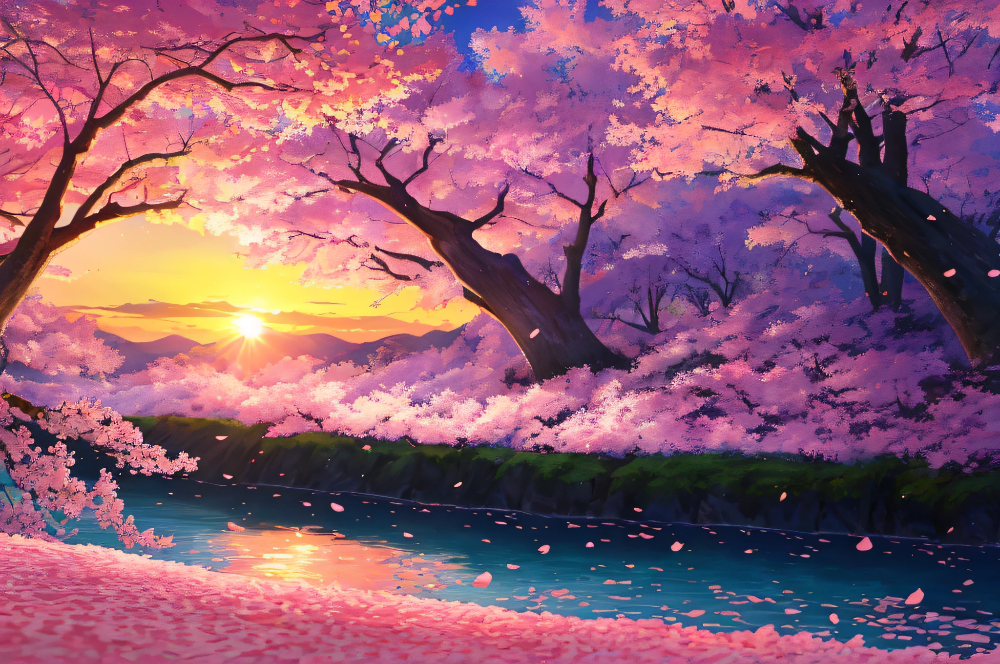 (photorealistic:1.2), illustrated by Hidenori Matsubara, vibrant fantasy landscape, cherry blossom petals falling, illuminated by a warm and inviting sunset, smooth shading and textures, and a subtle glow