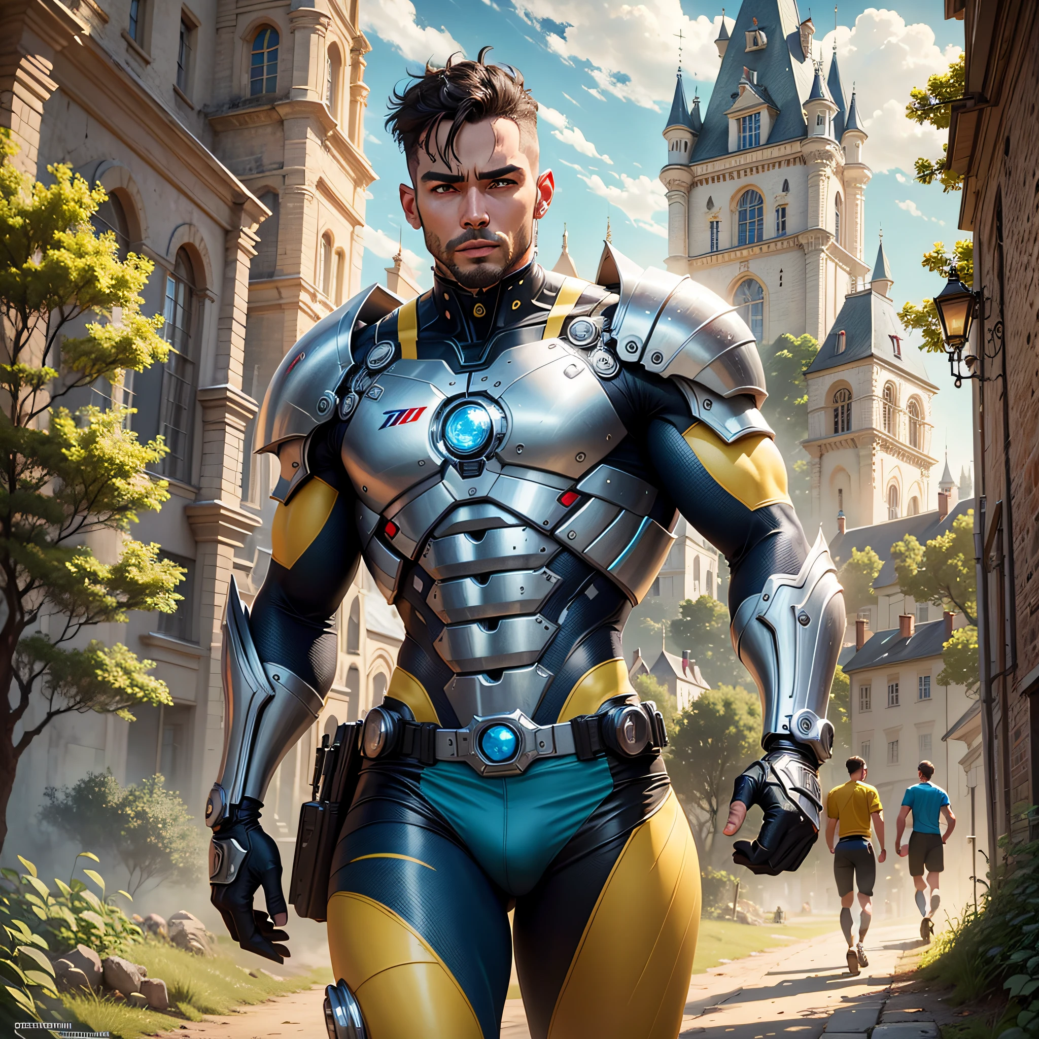 Miguel handsome man, made of metal, (cyborg:1.1), in yellow shirt and blue running shorts standing on a hill, tjalf sparnaay 8 k, Miguel - ange 8 k, very happy!, Craig mullins 8 k, with a luxembourg castle in the background, film footage, centered, Guillaume Tholly, Ludovic Plouffe, David A, very happy, album photo,  Cedric Peyranavernay --auto --s2