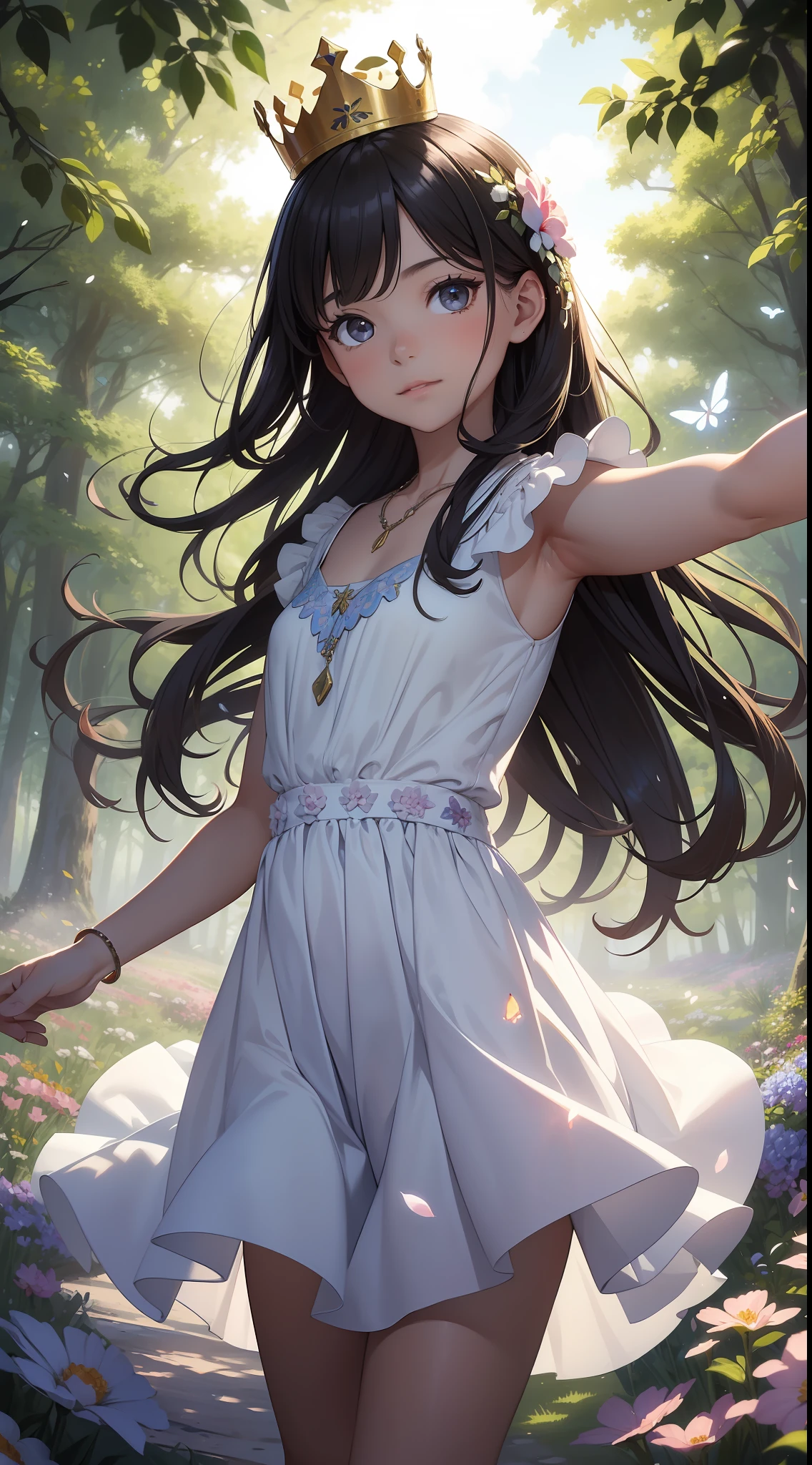 ((SFW)),Masterpiece, High Quality, ((Photoreal))), Cinematic Direction, (High Contrast), Depth of Field, (Award-winning Difference Photo), Face Details, Detailed Drawing, There is a place in the forest where flowers bloom, Girl dancing in a snow-white summer dress in that flower field, Girl , Very long hair with black hair, Summer sky, Summer clouds, Summer dazzling sunlight, Flower garden, Girl with open arms, necklace, crown of flowers, butterfly, fluttering petals, dynamic movement, dance,