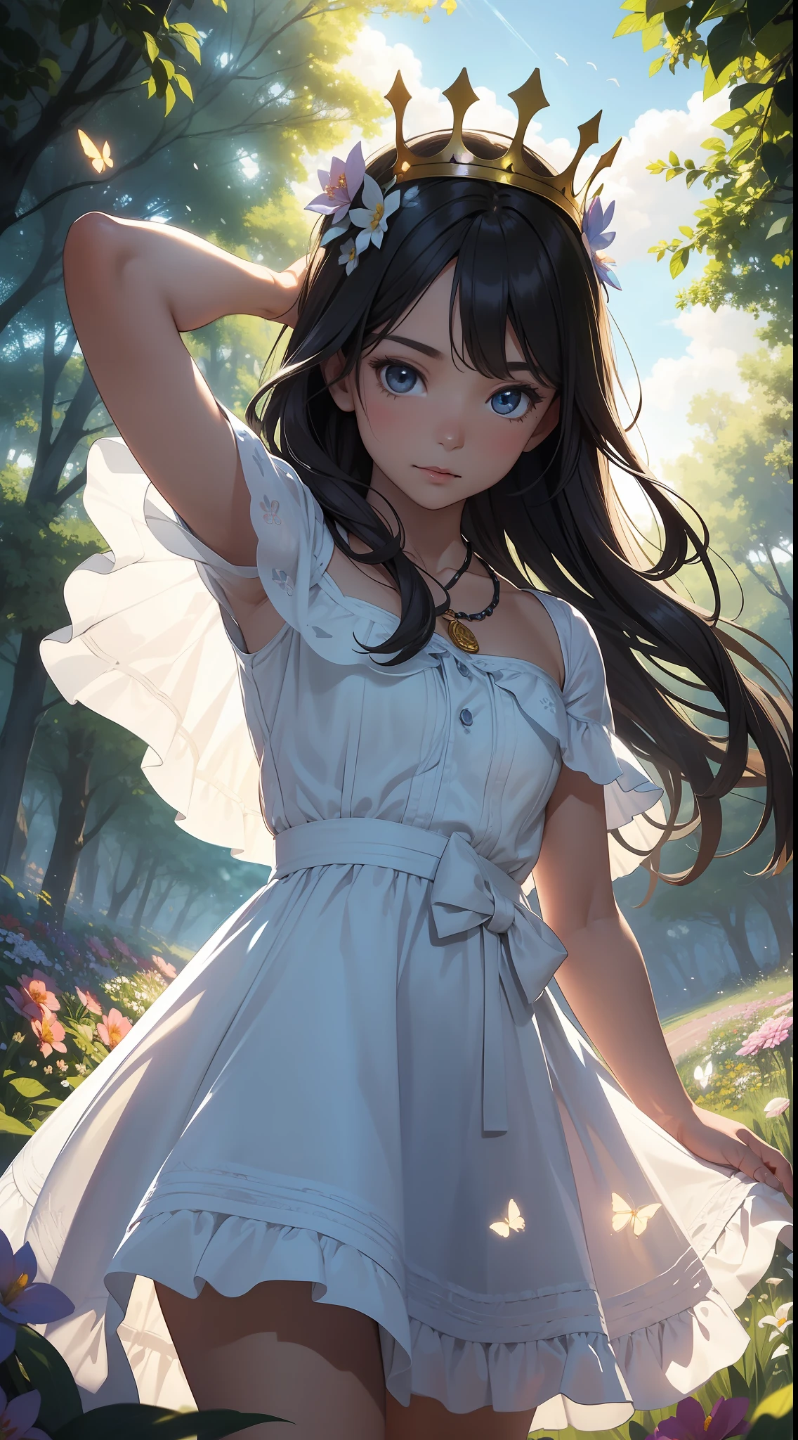 ((SFW)),Masterpiece, High Quality, ((Photoreal))), Cinematic Direction, (High Contrast), Depth of Field, (Award-winning Difference Photo), Face Details, Detailed Drawing, There is a place in the forest where flowers bloom, Girl dancing in a snow-white summer dress in that flower field, Girl , Very long hair with black hair, Summer sky, Summer clouds, Summer dazzling sunlight, Flower garden, Girl with open arms, necklace, crown of flowers, butterfly, fluttering petals, dynamic movement, dance,