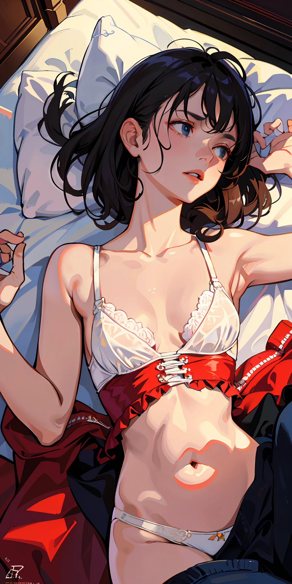 masterpiece, top quality, high resolution, solo, small, indoor, see-through, misaligned bra, side tie t-back, lying down, from above, open arms, anger, bed, disheveled underwear, rough breath, sexual expression (nudity)