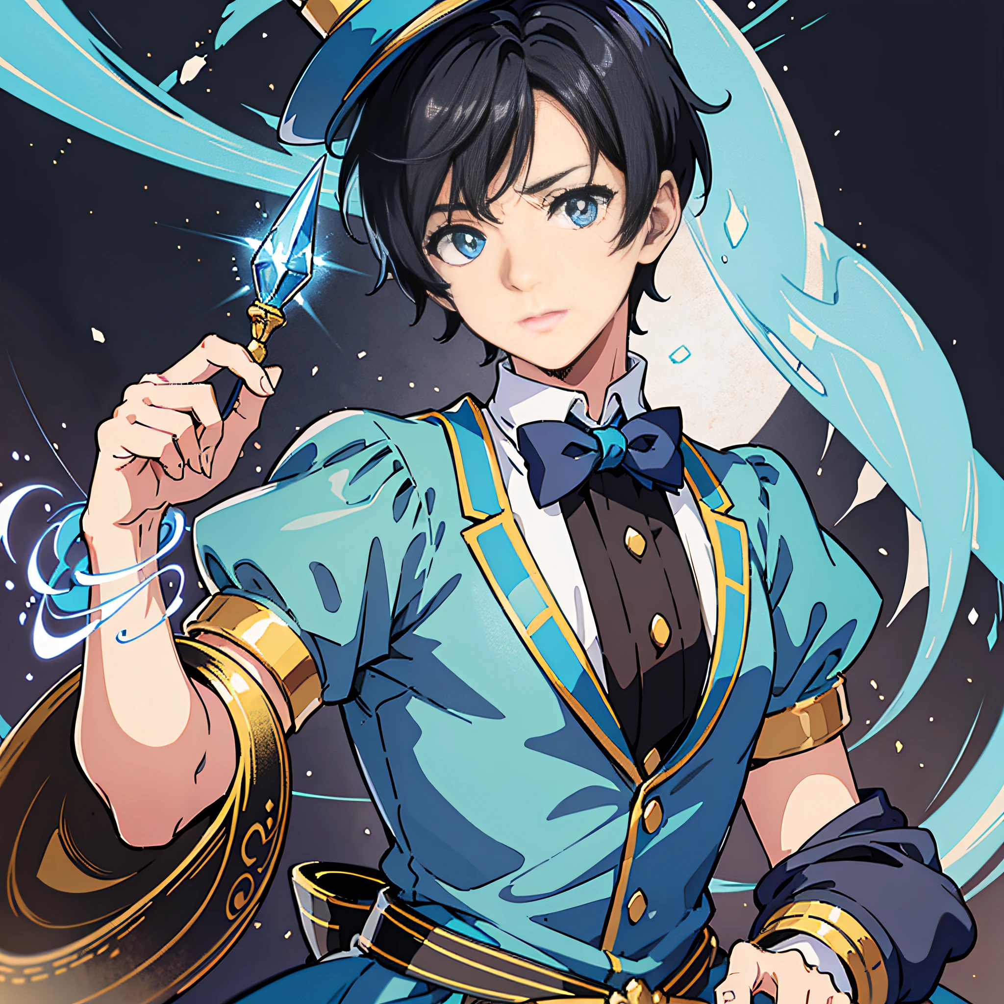 1 man, short black hair, blue pupils, handsome, light blue dress with a bright yellow tunic around the waist tied into an exaggerated bow at the back with a round gemstone pinned to the chest and a top hat on his head), holding a magic wand