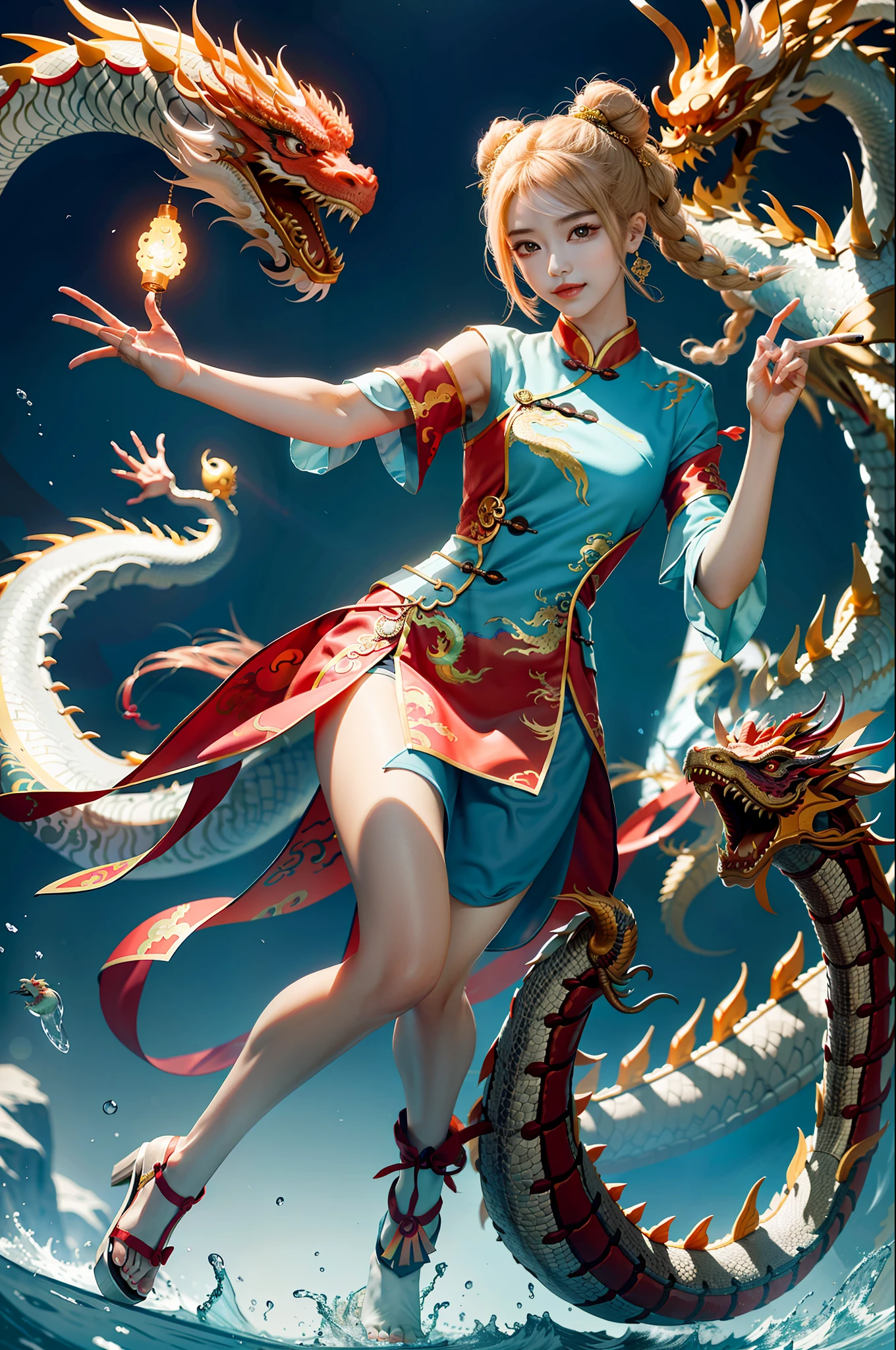 masterpiece, best quality, making friends with the Chinese dragon, fun, happy, bright, loong,