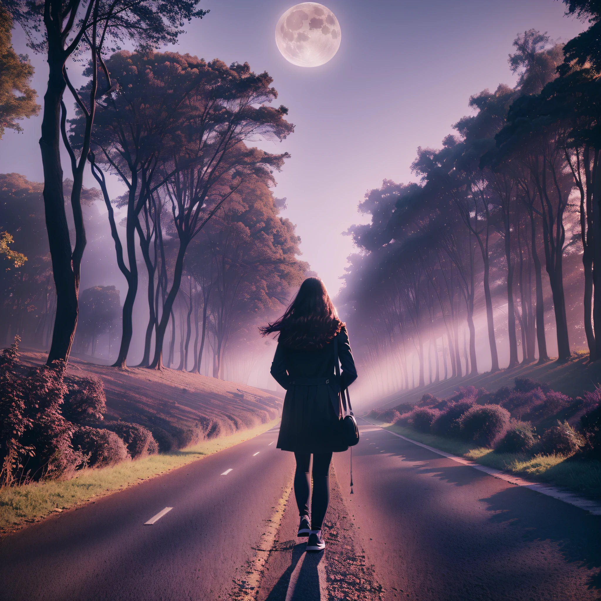 woman walking FRONT down a road at night towards a city, with fog and shadows, with a backpack, wavy and long black hair, high quality, ultra-detailed, 8k, masterpiece, (volumetric lighting), black magic, fanciful, lilac colors, purple, shadows and vivids on the woman's back, magic in their hands and a moon behind, WAND OF POWER, AND LIVING SHADOWS --auto --s2