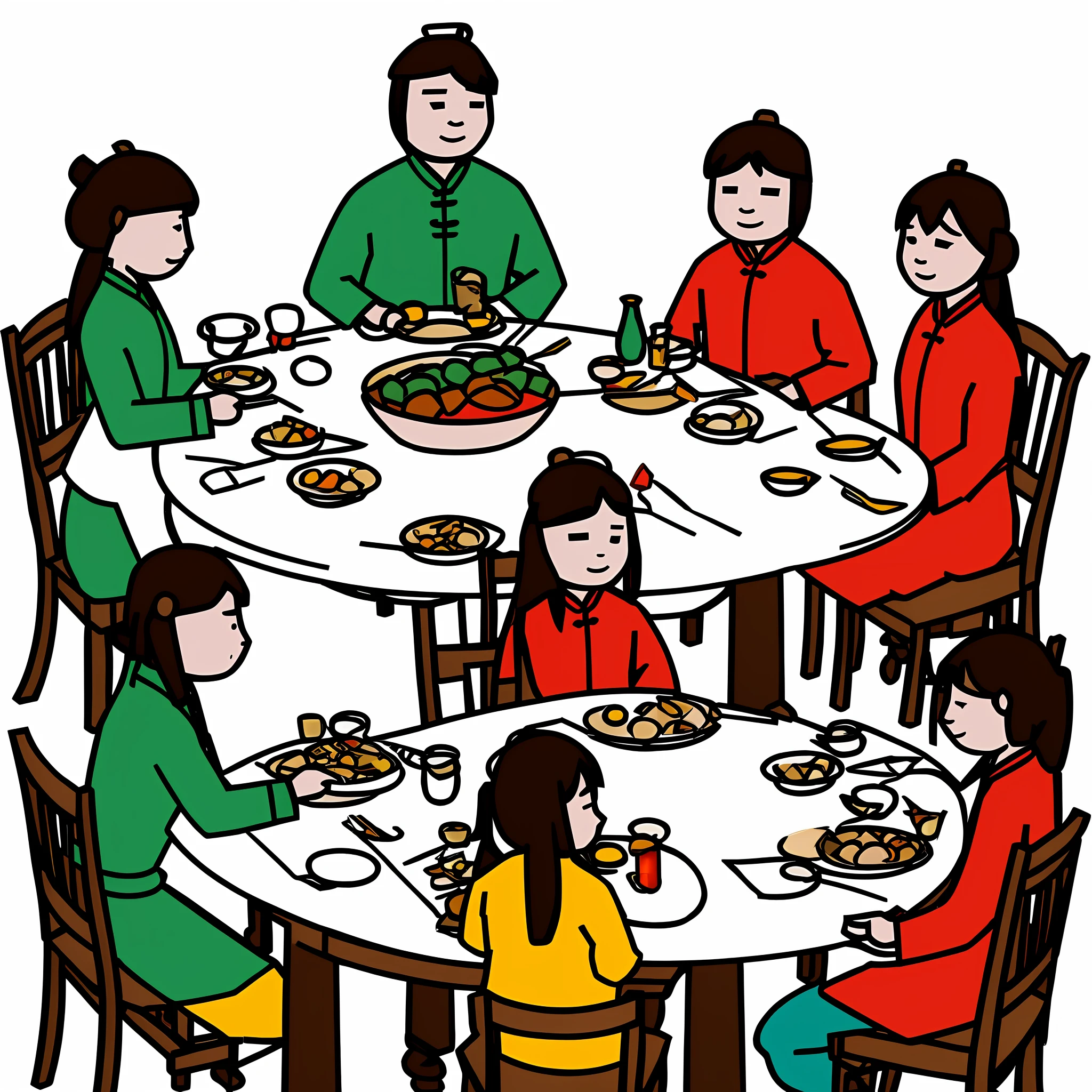 Illustration of Alsack. Chinese Northern Dong costume, four women, two men, two children, eating dinner at the table. The table is filled with various Northern Barrel specialties, sitting around, chatting and enjoying food. Gladly.