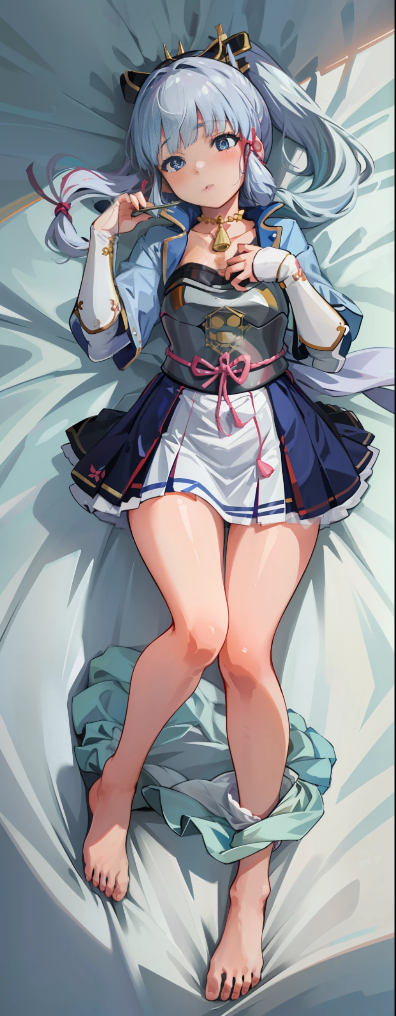 (masterpiece, best quality, detailed), 4K, realistic, very detailed, delicate eyes, there is a girl on the bed, she is sleepy, full body, kamisato_ayaka, dakimakura, lying down