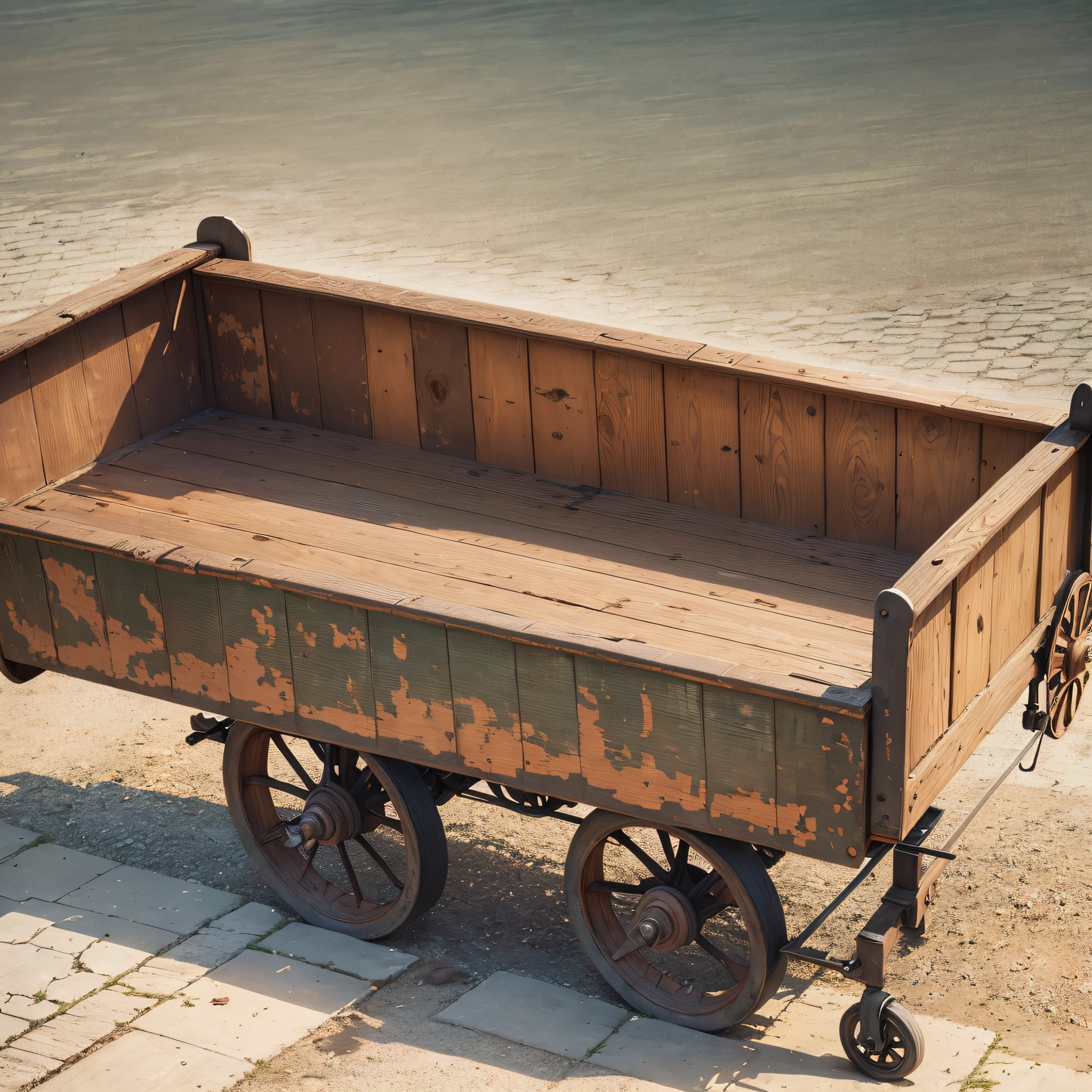 Shabby wooden flat trolley, best quality, ultra-detailed, extremely detailed, trolley detail performance, appropriate lightening of texture, application of layering and color gradation, the overall color of the vehicle vicissitudes and deepening the aging effect, creating a sense of history in the picture. --auto --s2