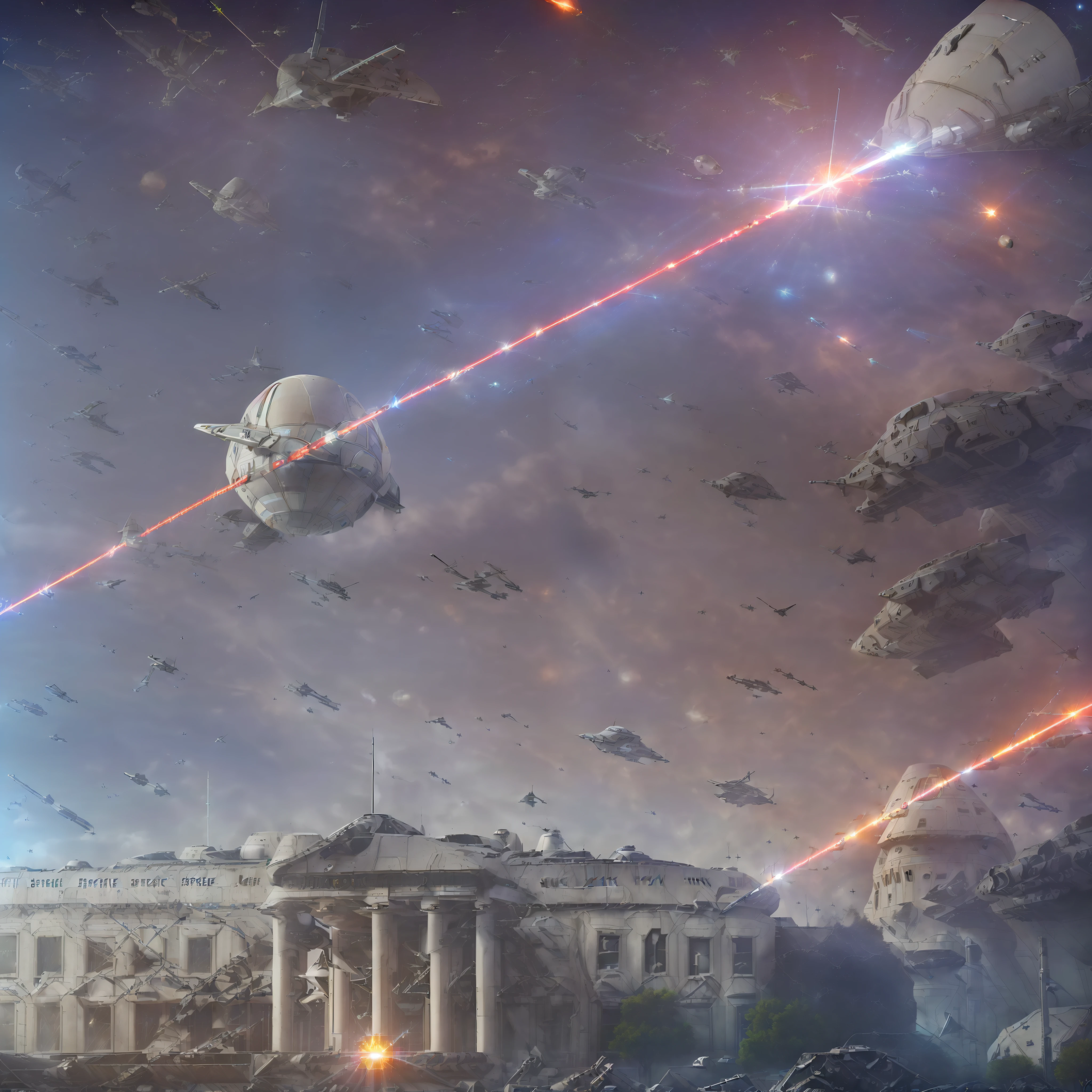 ((Realistic, Sci-fi, Spaceships:1.5),(Laser Bursts, Flying Debris, Explosions:1.3),White House, Daytime Sky, Smoky, Universe, Awesome:1.2)