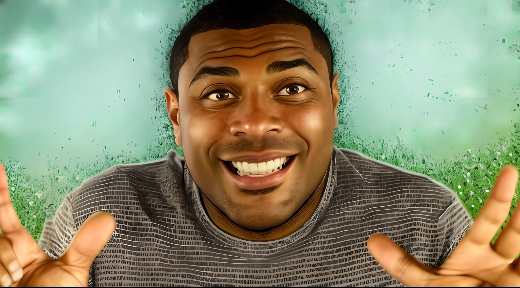 arafed man with hands up in front of him making a face, brown skin man with a giant grin, by Alexander Fedosav, taken in the early 2020s, ronaldo nazario fenomeno, gene espy, scariest looking man alive, pepe, internet meme, kimura, boichi, uploaded