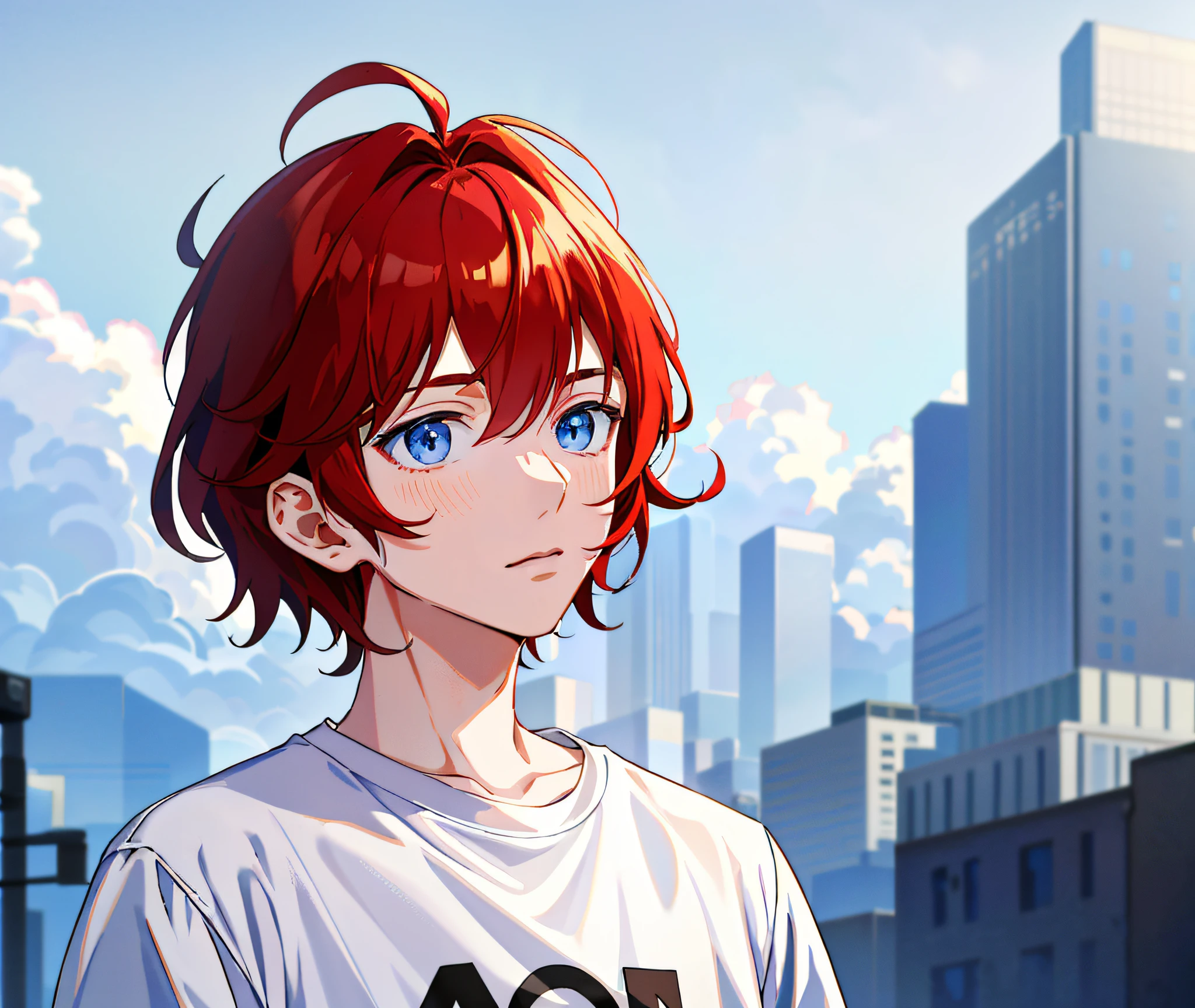((Anime style)), ((Portrait)), ((Red-haired woman + white shirt: 1.2)), ((Tall + blue eyes: 1.1)), ((Young), (Dark red haired boy)), ((Digital anime illustration)), ((Anime style character)), ((Moe attribute)), ((Smooth CG: 1.3)), ((High quality: 1.2))