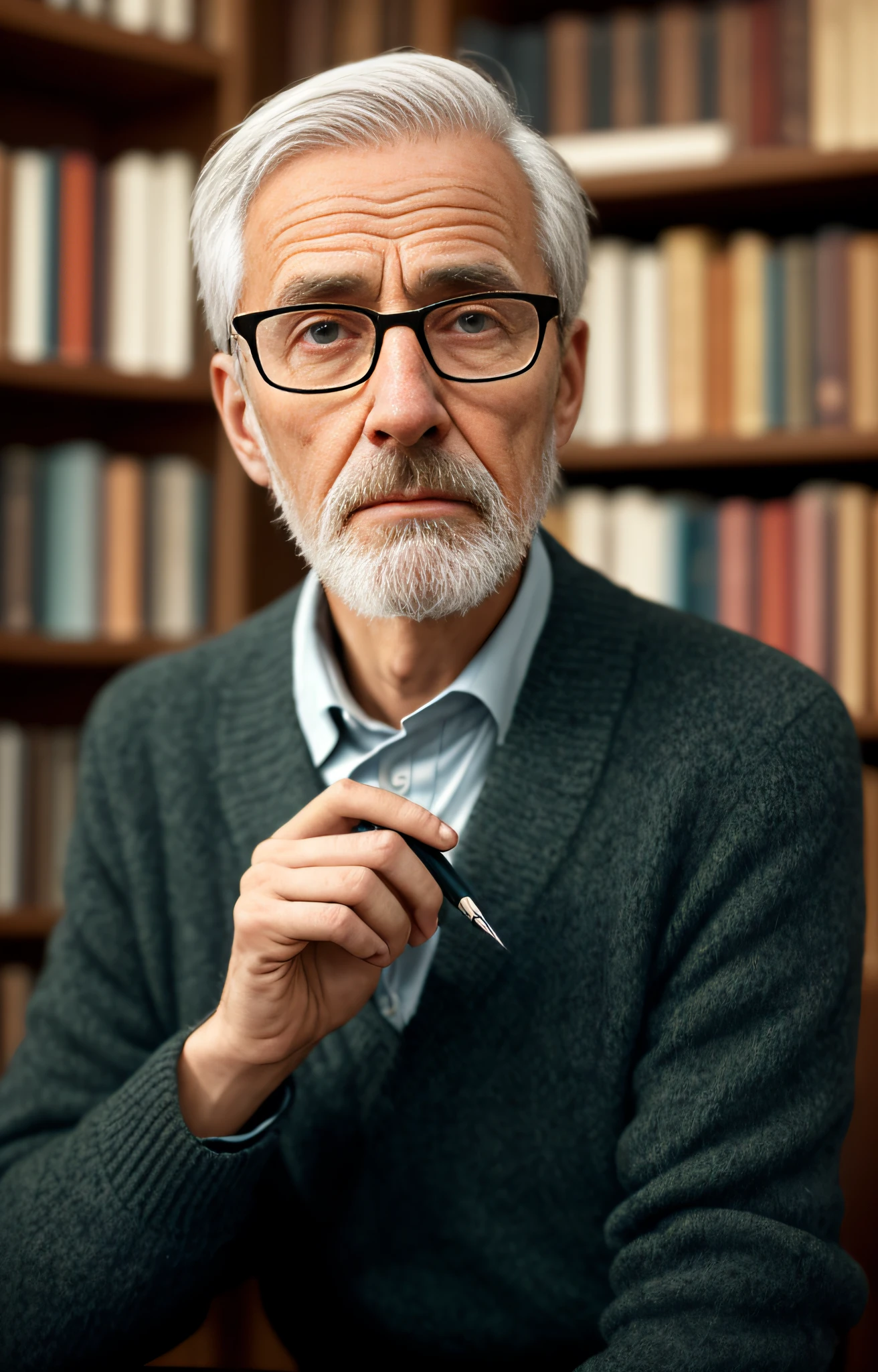 30-year-old man, journalist appearance, writing, taking notes, holding a pen, calm expression, Anglo-Saxon, senior intellectual, background bookshelf, emaciation, portrait, portrait close-up, film bust portrait, high detail iconic person, cinematic realistic portrait, 8 K --auto --s2