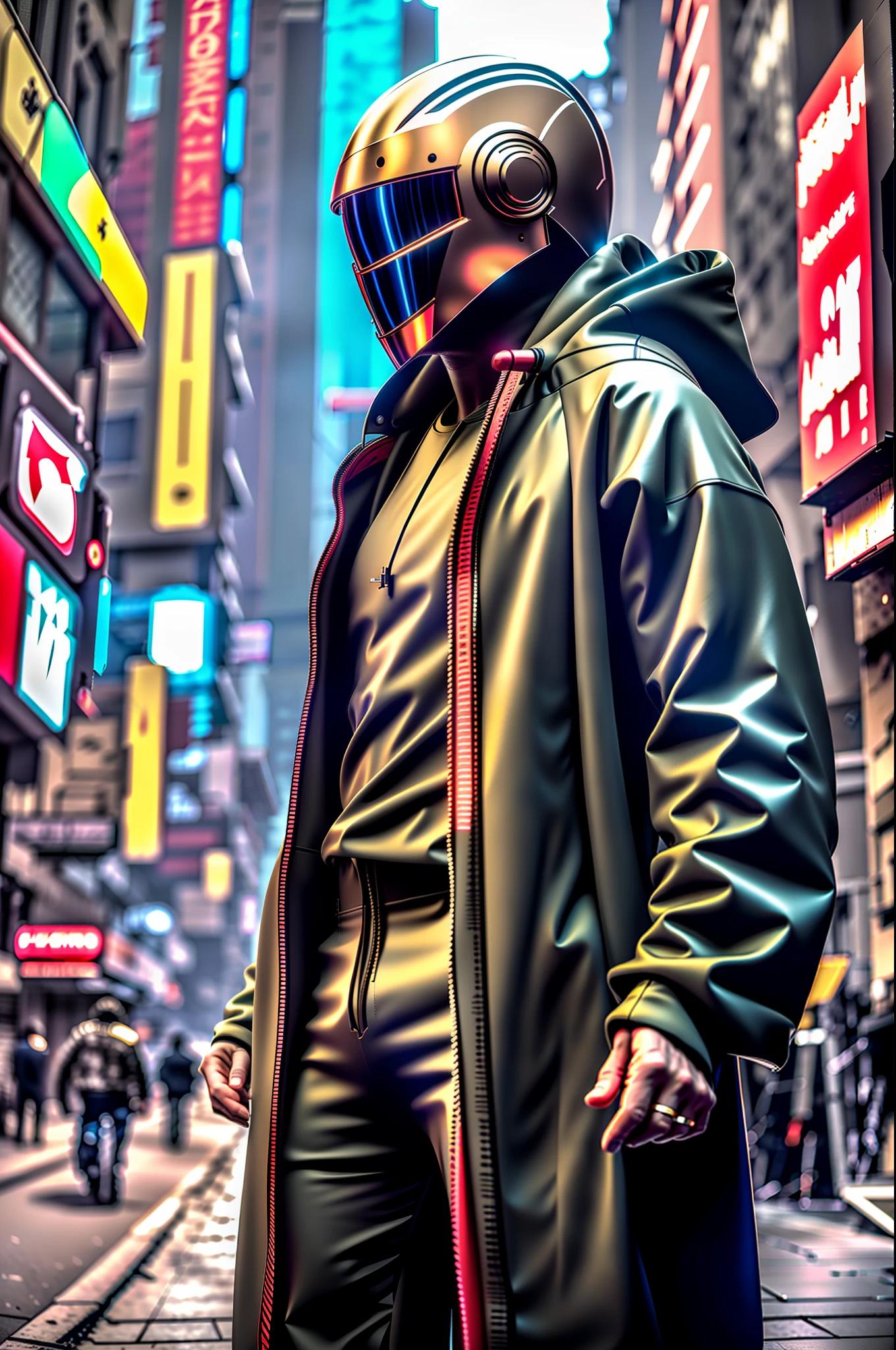 (masterpiece, full-body shot, intrincate raw photography)cyberpunk citizen in samurai pineapple pattern oversize hoodie, anime, rocketeer, daftpunk style helmet, neon light details, intrincate, futuristic,sharp, accurate focus, random pose, cyberpunk city, street neon lights, insta pic, photo of the year, cinema4d, dramatic, lights and shadows, natron, substance, maya, octane render,