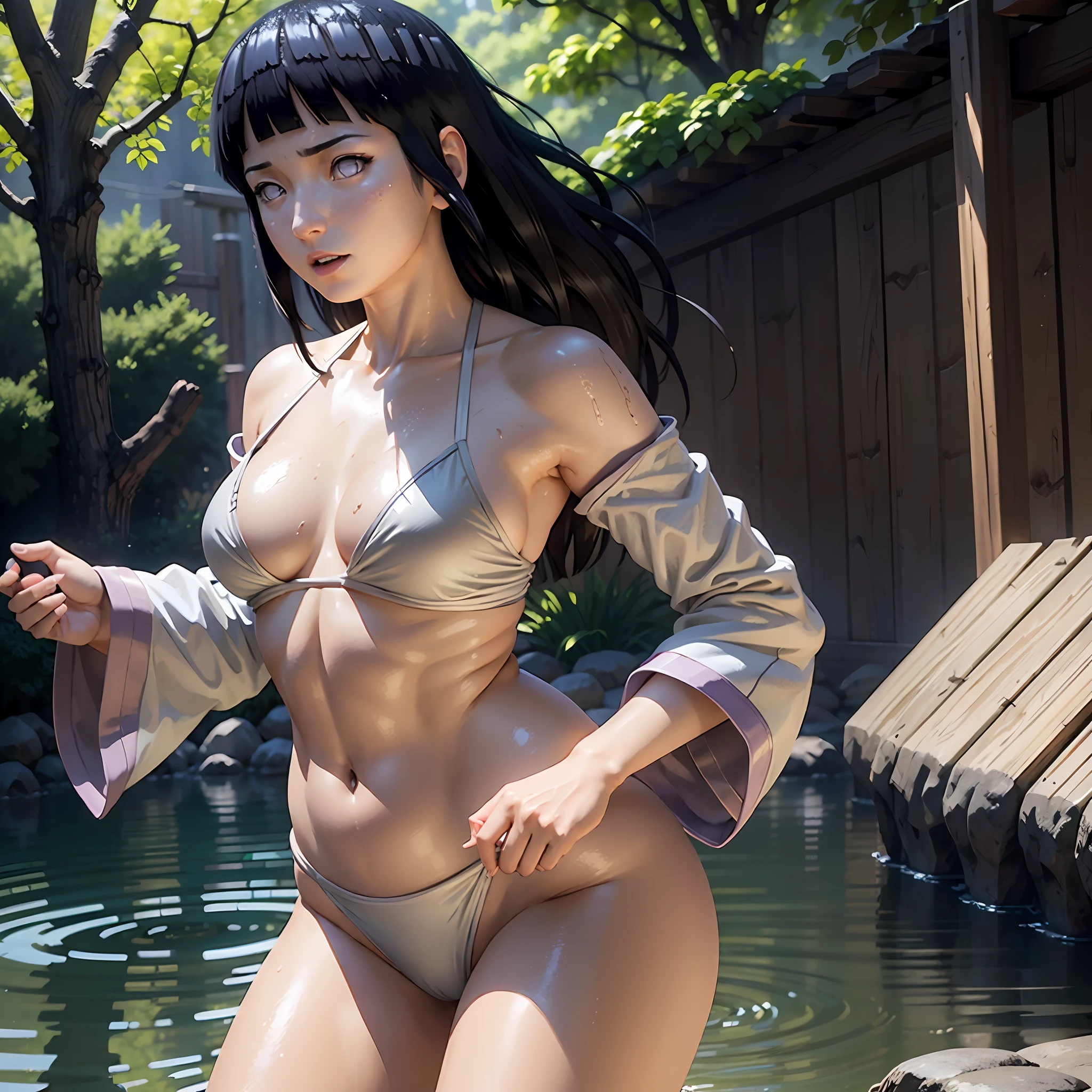 1girl, (masterpiece, high resolution, photo-realistic:1.3), Hinata Hyuuga from the anime Naruto, enjoying a bath in a natural hot spring, wearing a tiny orange bikini, slender and graceful physique, firm and ample breasts, defined abdomen, perfectly round buttocks, photograph taken from behind as she looks back, her captivating body taking center stage, Hinata's Byakugan shining with an intense white glow, serene and inviting atmosphere, post-processing effects. With the use of depth of field (DOF), super-resolution, and high megapixel rendering, every element comes to life with cinematic lightning and anti-aliasing techniques like FKAA, TXAA, and RTX. The addition of SSAO (Screen Space Ambient Occlusion) and various post-processing effects in both post-production and tone mapping elevate the visual quality to a whole new level. With the use of depth of field (DOF), super-resolution, and high megapixel rendering, every element comes to life with cinematic lightning and anti-aliasing techniques like FKAA, TXAA, and RTX. The addition of SSAO (Screen Space Ambient Occlusion) and various post-processing effects in both post-production and tone mapping elevate the visual quality to a whole new level.