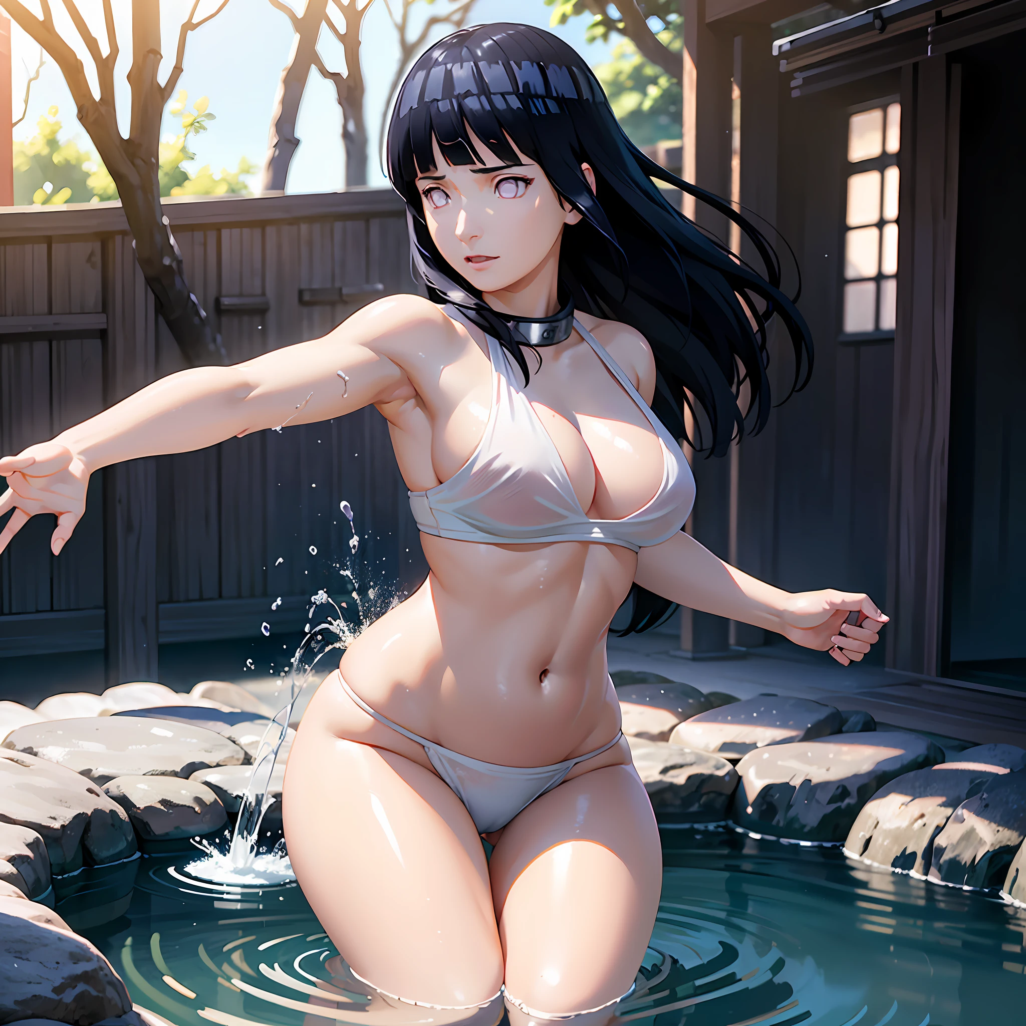 1girl, (masterpiece, high resolution, photo-realistic:1.3), Hinata Hyuuga from the anime Naruto, enjoying a bath in a natural hot spring, wearing a tiny orange bikini, slender and graceful physique, firm and ample breasts, defined abdomen, perfectly round buttocks, photograph taken from behind as she looks back, her captivating body taking center stage, Hinata's Byakugan shining with an intense white glow, serene and inviting atmosphere, post-processing effects. With the use of depth of field (DOF), super-resolution, and high megapixel rendering, every element comes to life with cinematic lightning and anti-aliasing techniques like FKAA, TXAA, and RTX. The addition of SSAO (Screen Space Ambient Occlusion) and various post-processing effects in both post-production and tone mapping elevate the visual quality to a whole new level. With the use of depth of field (DOF), super-resolution, and high megapixel rendering, every element comes to life with cinematic lightning and anti-aliasing techniques like FKAA, TXAA, and RTX. The addition of SSAO (Screen Space Ambient Occlusion) and various post-processing effects in both post-production and tone mapping elevate the visual quality to a whole new level.