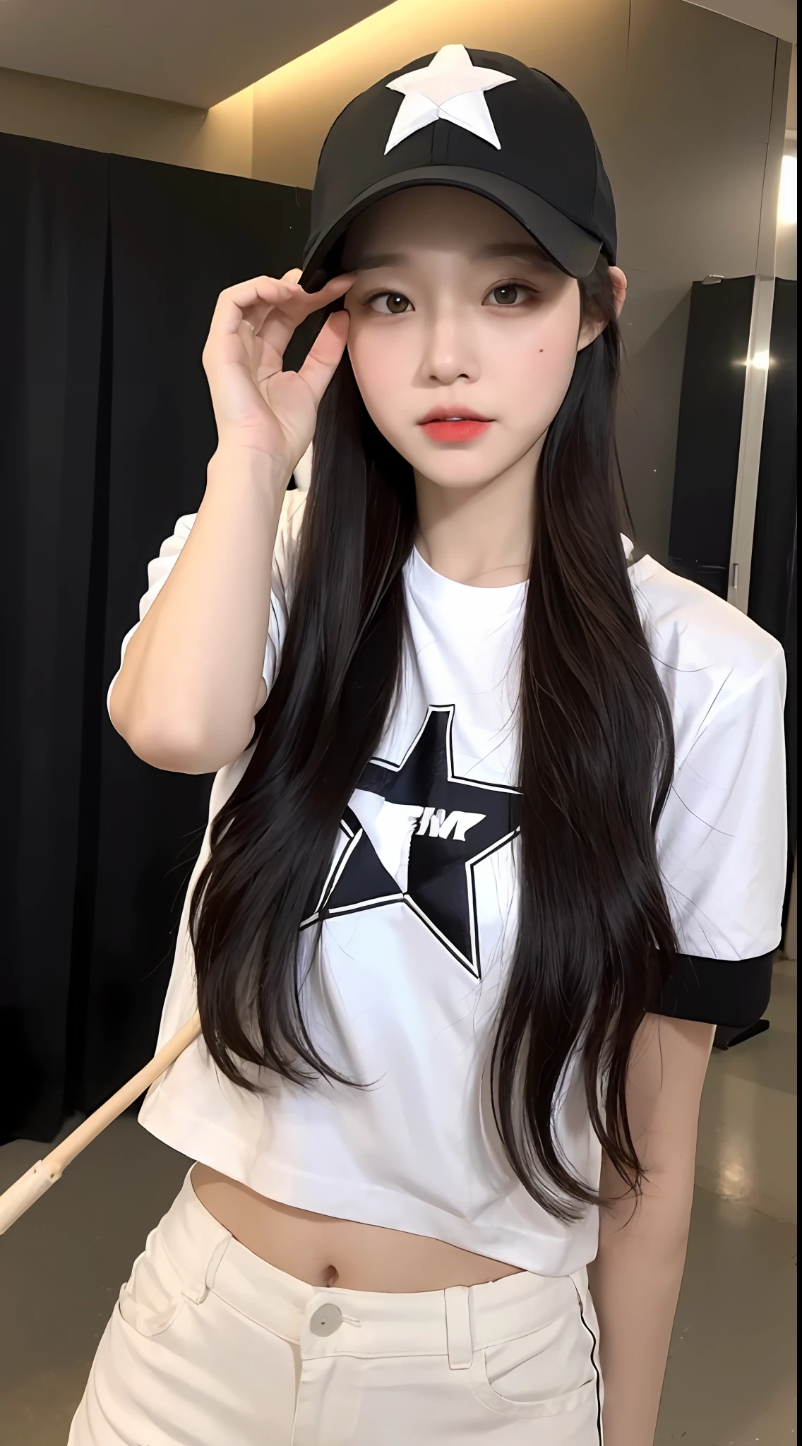 ((Best Quality, 8K, Masterpiece: 1.3)), (Baseball Cap: 1.3), Focus: 1.2, Perfect Body Beauty: 1.4, Buttocks: 1.2, (Layered Haircut: 1.2)), (Dark Street: 1.3), Highly detailed face and skin texture, Full body, Fine eyes, Double eyelids, Whitened skin, Long hair, (Round face: 1.5), (Short sleeves, Shorts: 1.6), fox ears, holding a star hair stick
