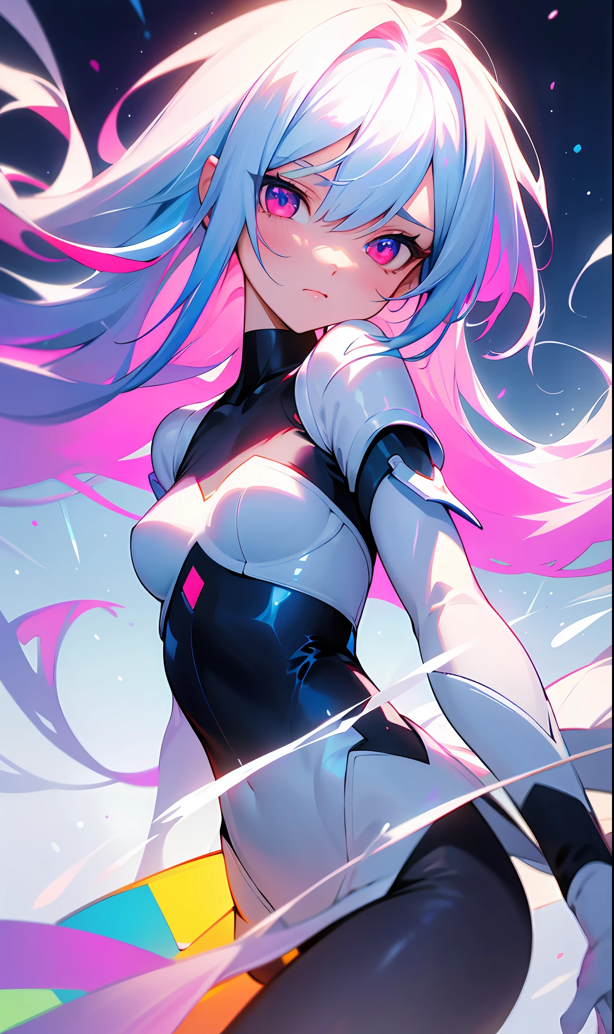 (Fine, sharp images, super resolution, extremely amazing detail, awesome detail), subsurface scattering, masterpiece, best quality, high quality, anatomically correct, textured skin, super detail, high detail, high quality, high quality, award-winning, best quality, high resolution, 1girl, solo, bust, straight eye, prism eye, prism hair, prism, serious, [silver|white] + (blue: -0.3) hair, blue + red eyes, gradient eyes, multicolored eyes, calm, small breasts, Ladies' shirts, glowing eyes, glowing white particles, glitter, bloom, fantasy, cave