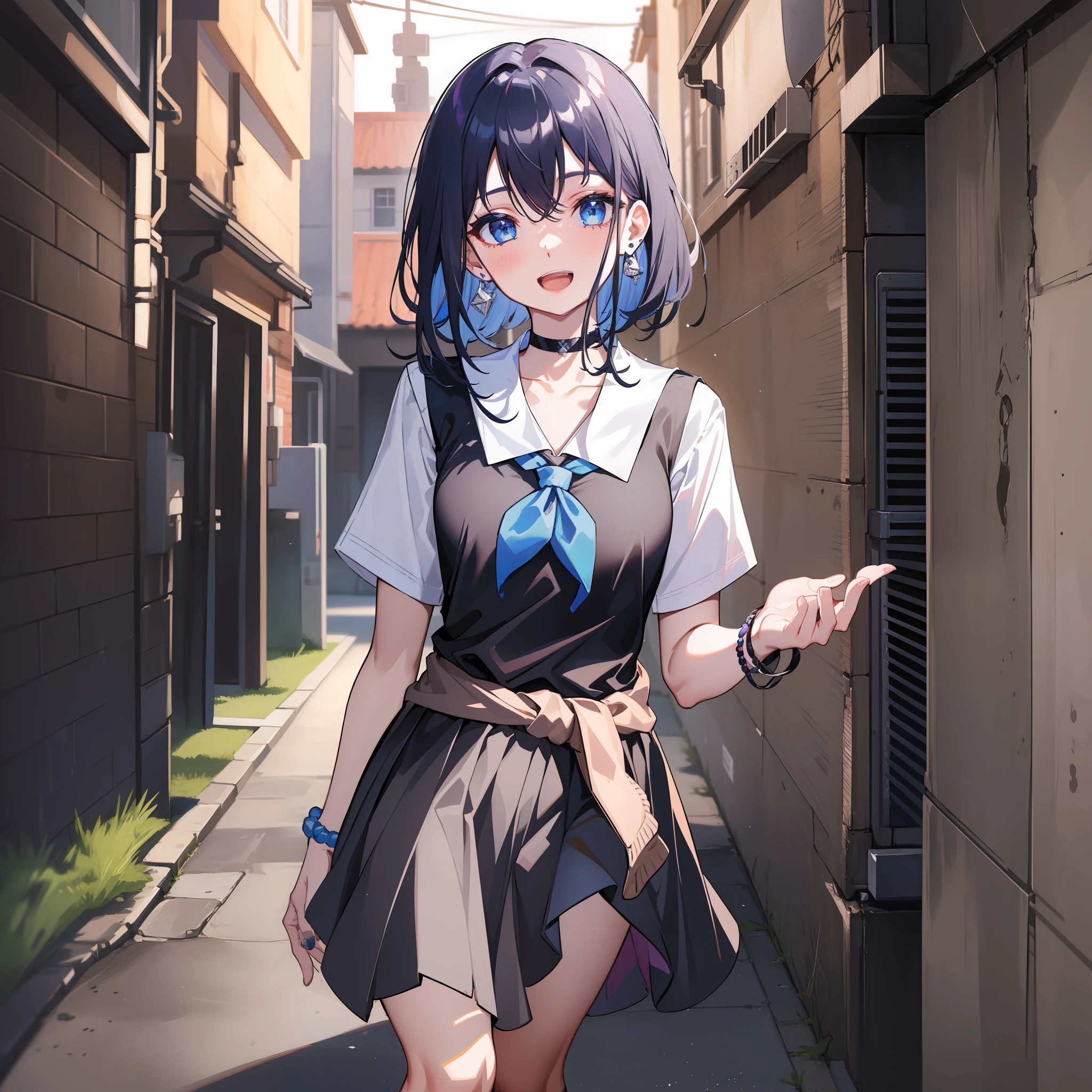 (名傌), ((Best Quality)), (Super Detail), 1 Girl, Dark blue hair color, Short hair, Back alley, Wall, Graffiti, Hair between eyes, Dark blue eyes, Open legs, Hair ornament, Chest, School uniform, Collared shirt, Hairshed, Clothes around the waist, Bangs, Black socks, Black vest, Long hair, Long sleeve, Cardigan, Side lock, Knee high, Dress shirt, Necklace, Clavicle, Black dress, Jewelry, sweater, earrings, earrings, earrings, stud earrings, black choker, loose tie, socks, serafuku, neckerchief, sailor collar, pleated skirt, white socks, black skirt, short sleeves, shirt, white shirt, black sailor collar, blue neckerchief, beaded bracelet, wrist scrunchie, long nails, open mouth, smile, bangs, Small breasts, perfect hands, hand details, fixed fingers, looking_al_Viewer, top quality, rich detail, perfect image quality,