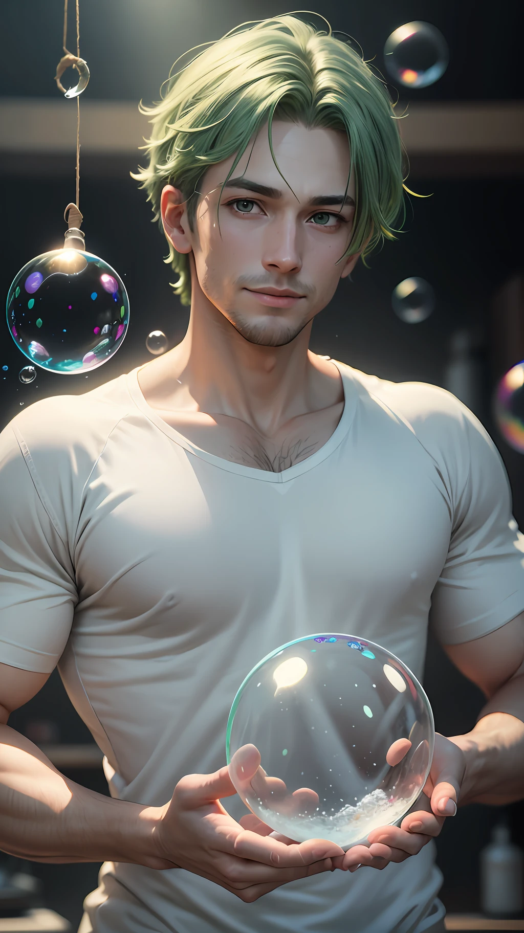 (Premise) Unreal Engine, Super-Resolution, Ray Tracing, RTX, high resolution photography, 8k, studio photo, elegant, (person) beautiful young man, 32 years old, salt face, light green hair, light green eyes, smile, fair skin, fair skin, white shirt, upper body only, lower body is tuna and merman, (angle) figure is placed to the right, Slightly oblique, (belongings) Live tuna, carrying from the right shoulder, hanging from the right shoulder, using a rope to hang (background) No background, white background, dry dry, soap bubbles, written "Pironki" in the background, (taste, brushwork) dramatic, flat, passionate, Japanese-style, soap bubbles, soap bubbles --auto --s2