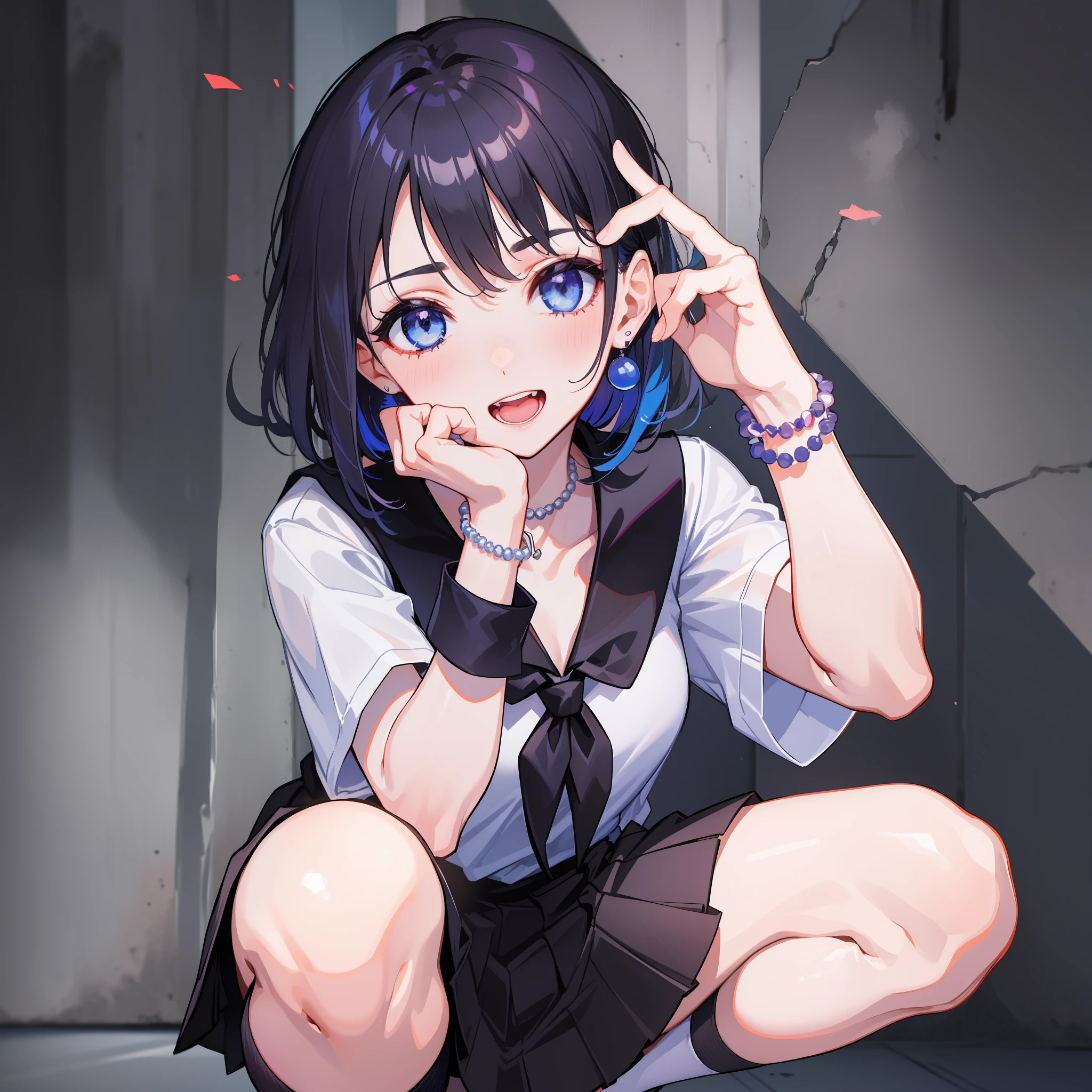 (名傌), ((Best Quality)), (Super Detail), 1 Girl, Dark blue hair color, Short hair, Back alley, Wall, Graffiti, Hair between eyes, Dark blue eyes, Open legs, Squatting, Panties, Peace sign, Hair ornament, Tistol, School uniform, Collared shirt, Hairshed, Clothes around the waist, Bangs, Black socks, Black vest, Long hair, Long sleeve, Cardigan, Side lock, Knee high, Dress shirt, necklace, collarbone, black dress, jewelry, sweater, earrings, earrings, earrings, stud earrings, black choker, loose tie, socks, seraphk, neckerchief, sailor collar, pleated skirt, white socks, black skirt, short sleeves, shirt, white shirt, black sailor collar, blue neckerchief, beaded bracelet, Wrist scrunchies, long nails, open mouth, smile, bangs, small breasts, perfect hands, hand detail, fixed fingers, looking_al_Viewer, top quality, rich detail, perfect image quality,