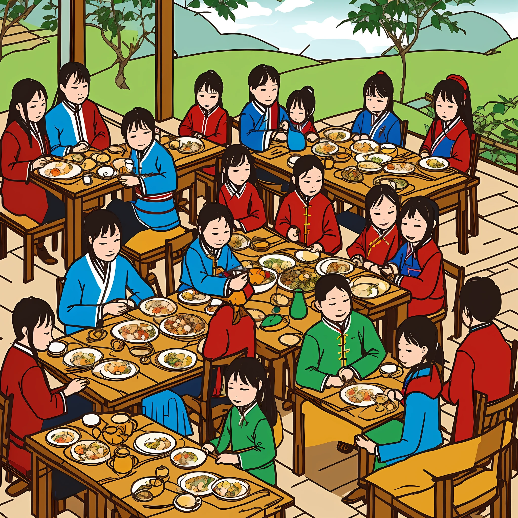 Illustration of Alsack, 6 people, men, women and children, wearing Beidong costumes, eating and living. In the picture, you can see a family, all members of the Beidong ethnic family gathered together to share dinner. The tables are filled with various souvenirs, and families sit together, chatting and enjoying food. Through this painting, you can feel the warmth and harmony of the Beidong ethnic family.