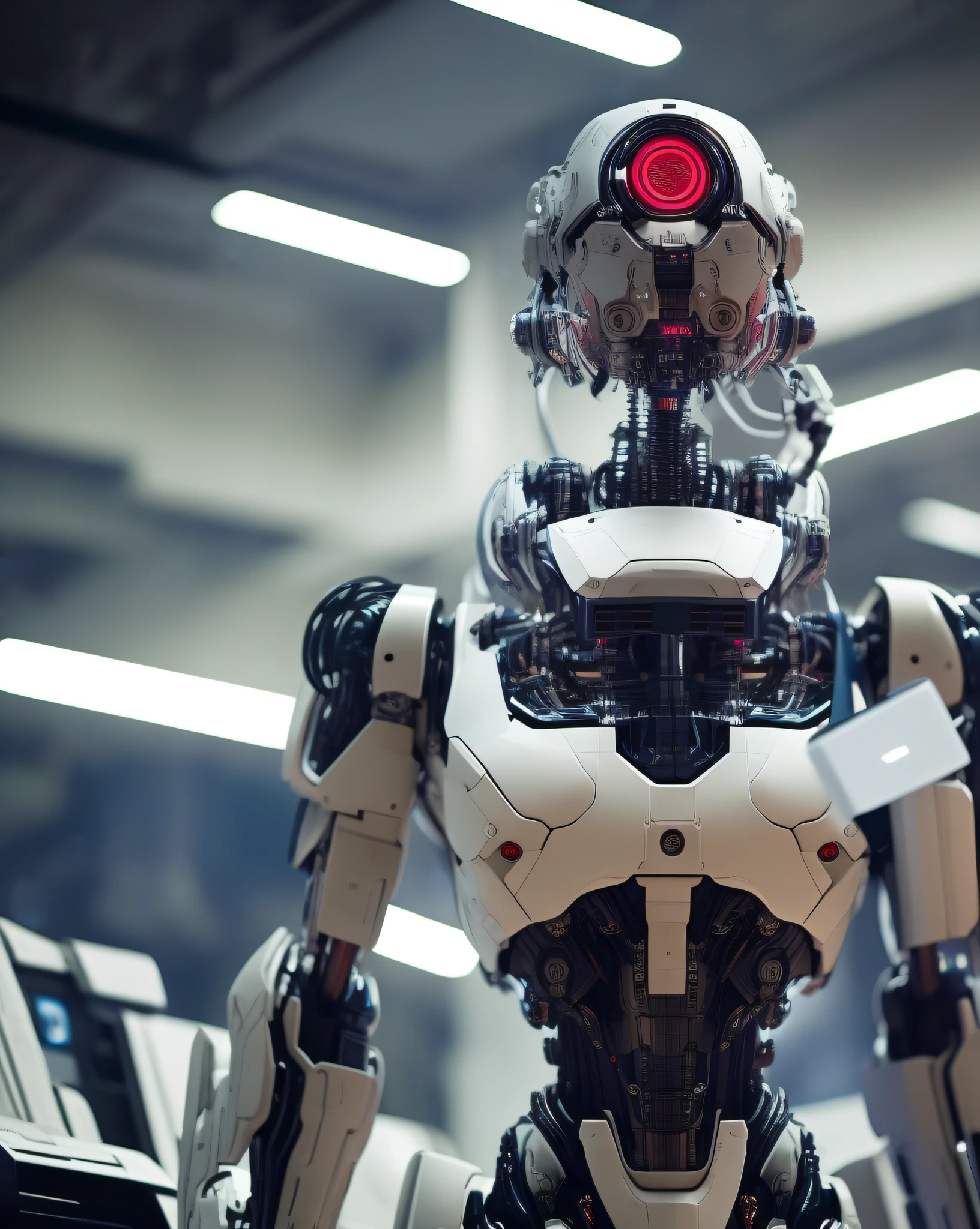 +dvMech, cyborg, part robot part human, science experiment, portrait, 85mm, f1.8, laboratory background