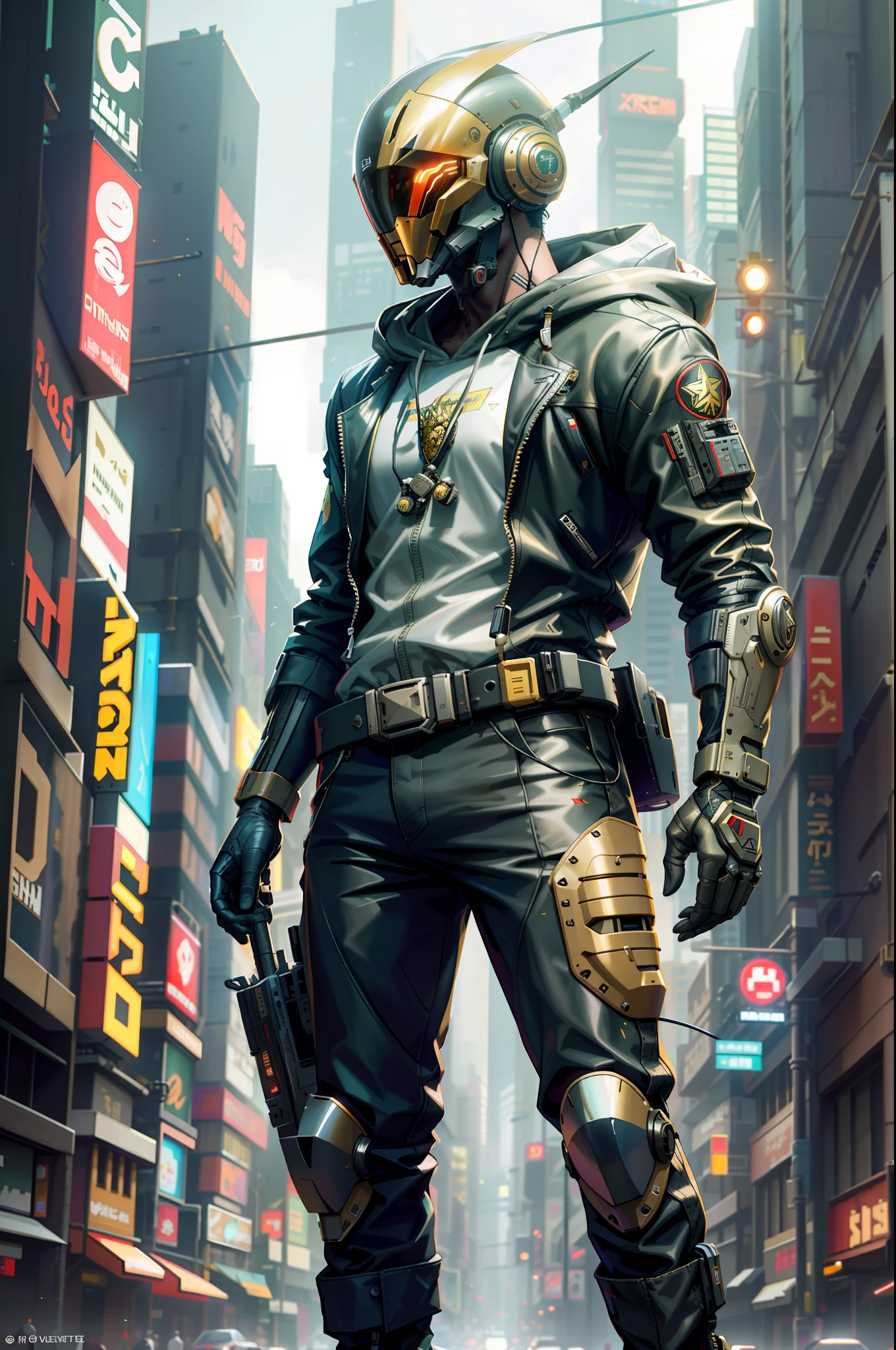 (masterpiece, full-body shot, intrincate raw photography)cyberpunk citizen in samurai pineapple pattern oversize hoodie, anime, rocketeer, daftpunk style helmet, neon light details, intrincate, futuristic,sharp, accurate focus, random pose, cyberpunk city, street neon lights, insta pic, photo of the year, cinema4d, dramatic, lights and shadows, natron, substance, maya, octane render,