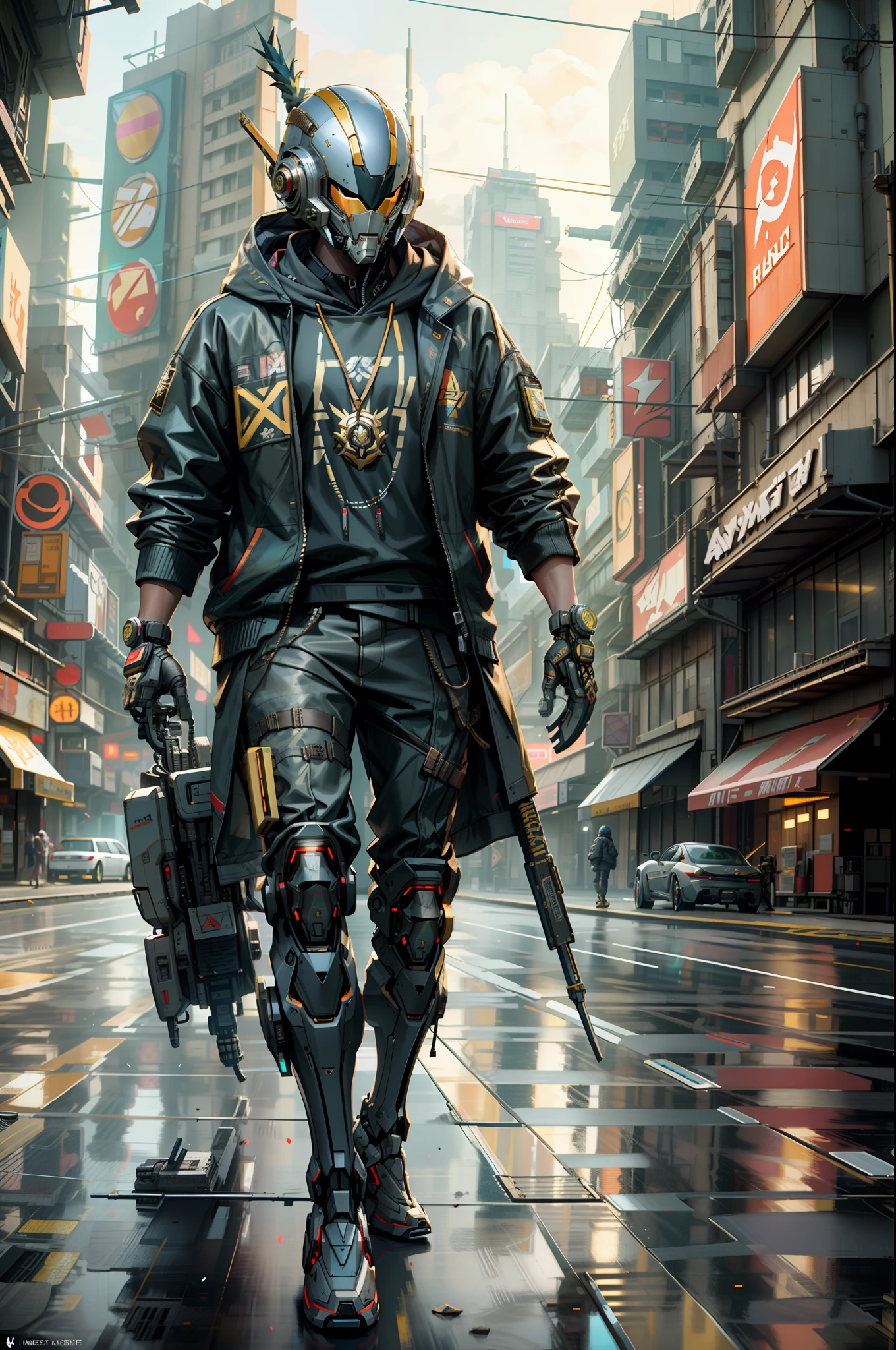 (masterpiece, full-body shot, intrincate raw photography)cyberpunk citizen in samurai pineapple pattern oversize hoodie, anime, rocketeer, daftpunk style helmet, neon light details, intrincate, futuristic,sharp, accurate focus, random pose, cyberpunk city, street neon lights, insta pic, photo of the year, cinema4d, dramatic, lights and shadows, natron, substance, maya, octane render,